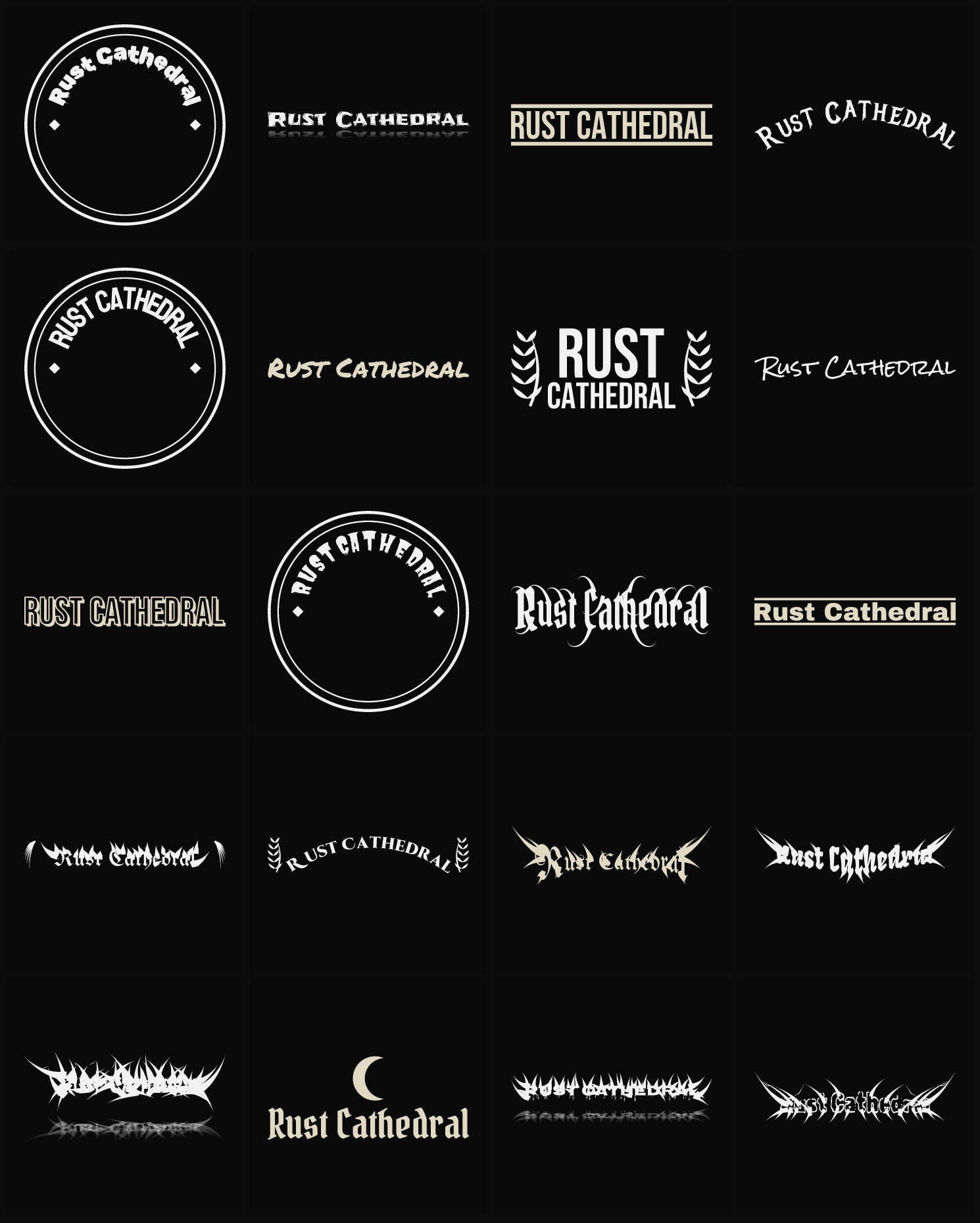 Twenty Rust Cathedral band logo ideas — different faces, treatments and spike settings
