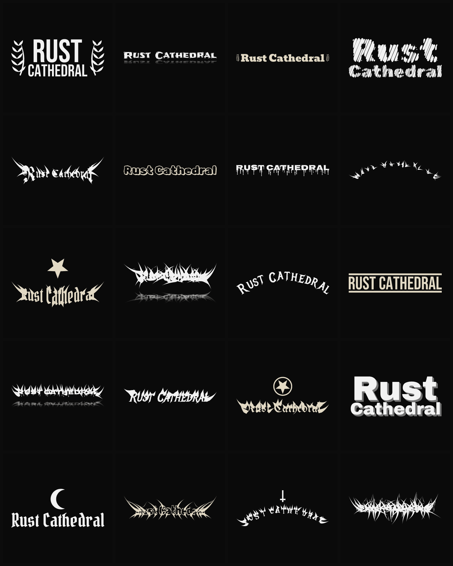 Twenty Rust Cathedral band logo ideas — different faces, treatments and spike settings