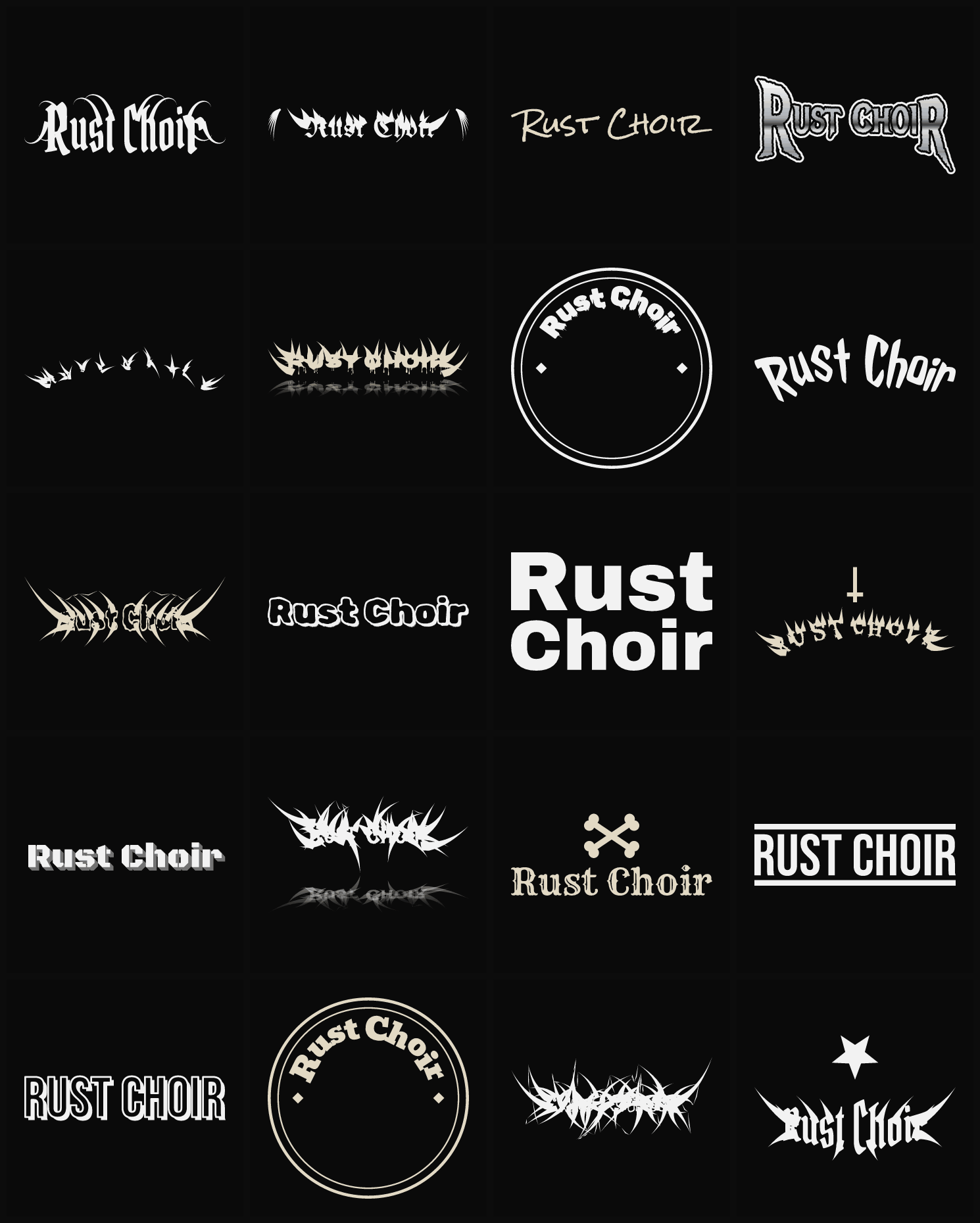 Twenty Rust Choir band logo ideas — different faces, treatments and spike settings