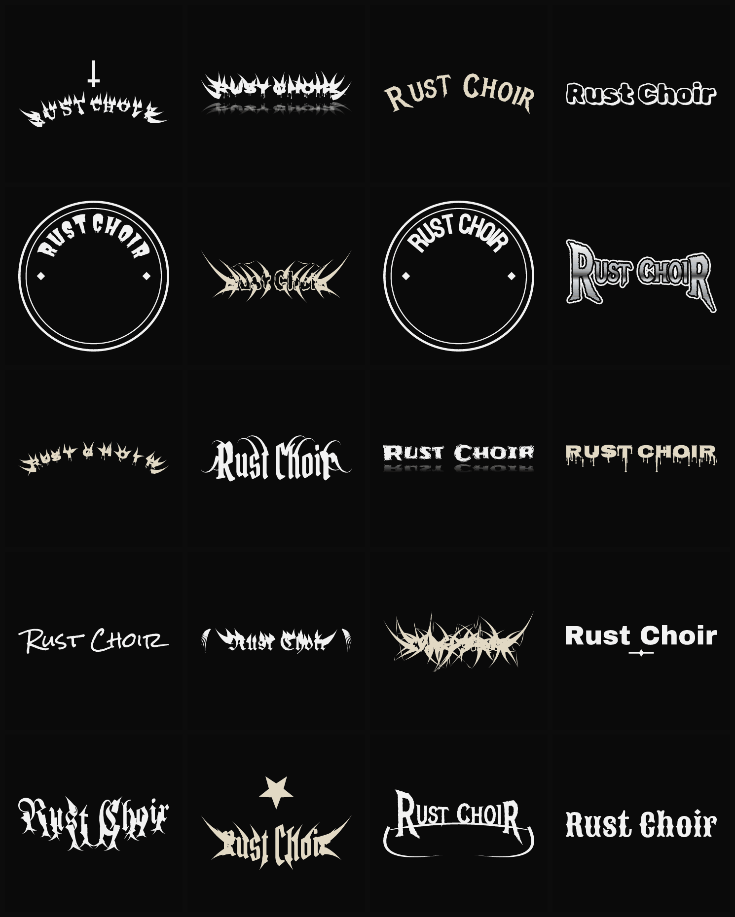 Twenty Rust Choir band logo ideas — different faces, treatments and spike settings