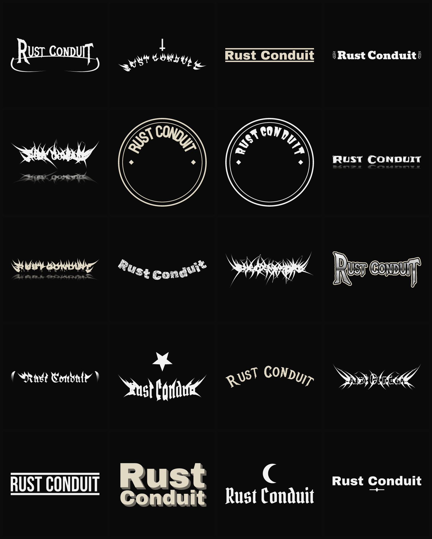 Twenty Rust Conduit band logo ideas — different faces, treatments and spike settings