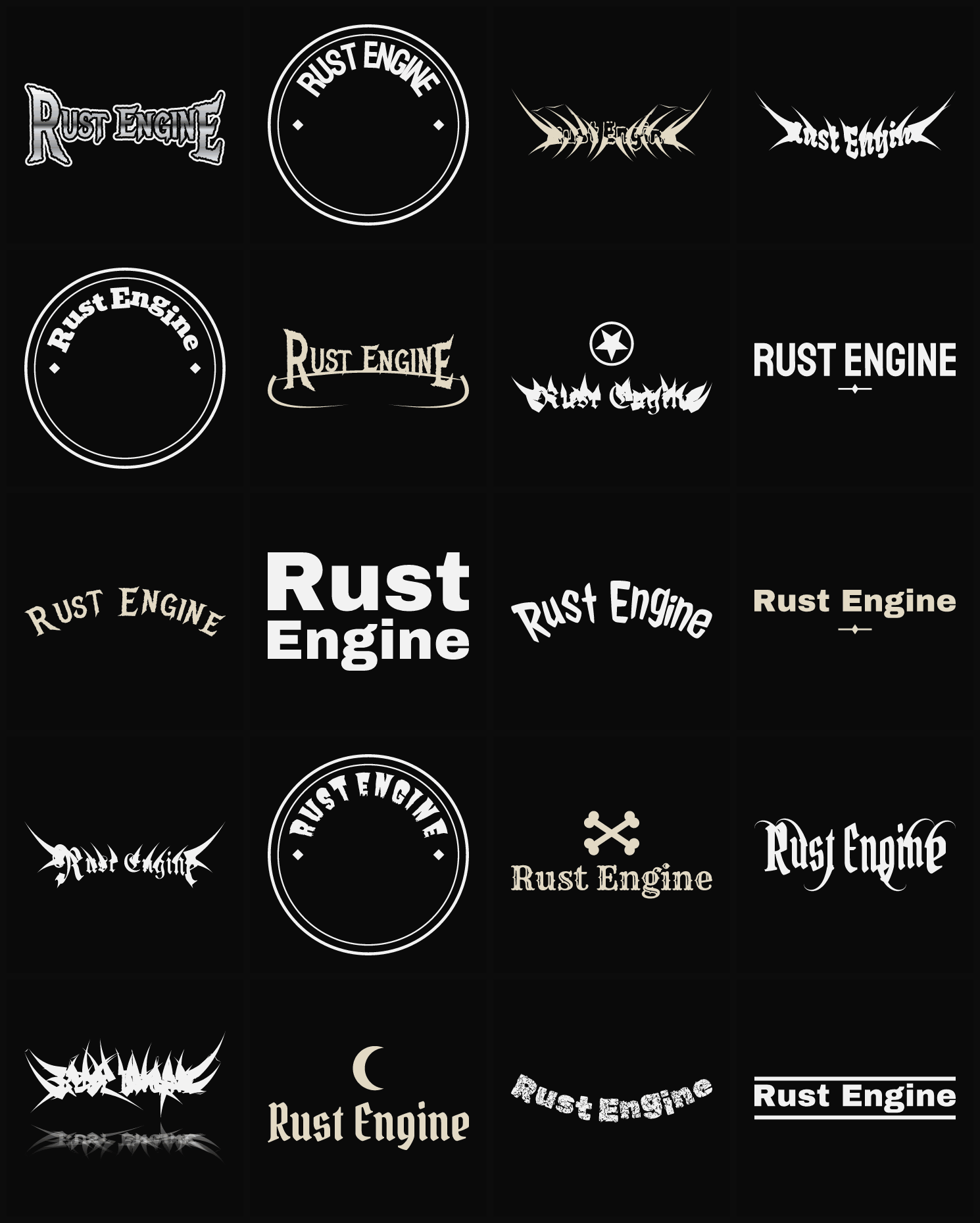 Twenty Rust Engine band logo ideas — different faces, treatments and spike settings
