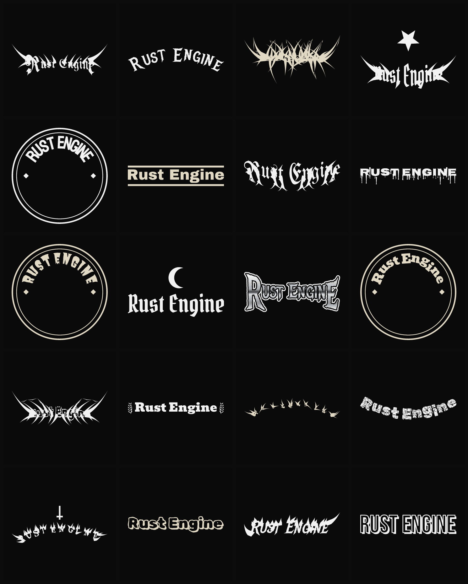 Twenty Rust Engine band logo ideas — different faces, treatments and spike settings