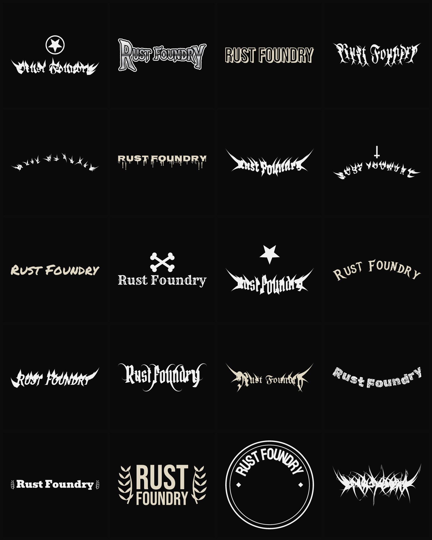 Twenty Rust Foundry band logo ideas — different faces, treatments and spike settings