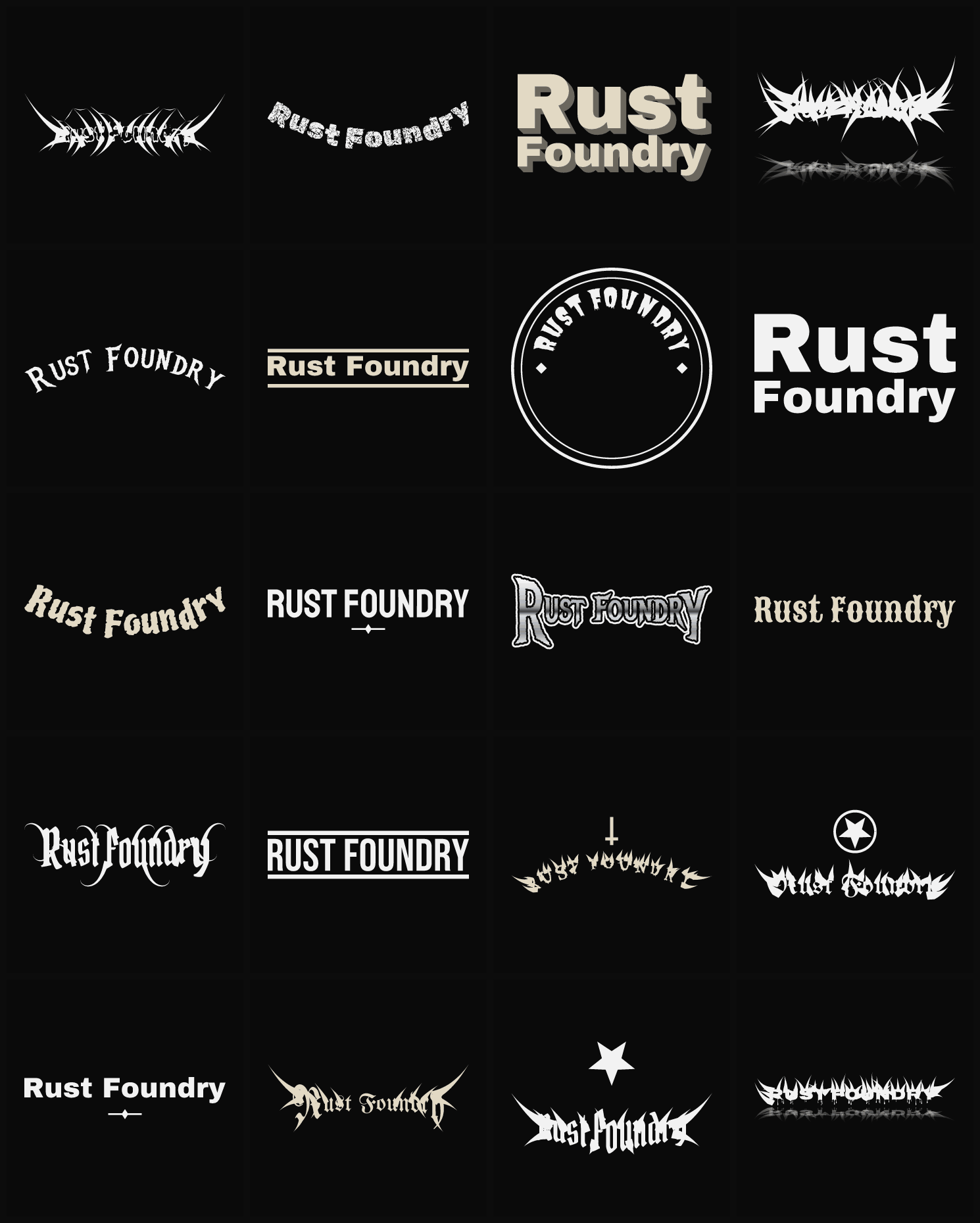 Twenty Rust Foundry band logo ideas — different faces, treatments and spike settings