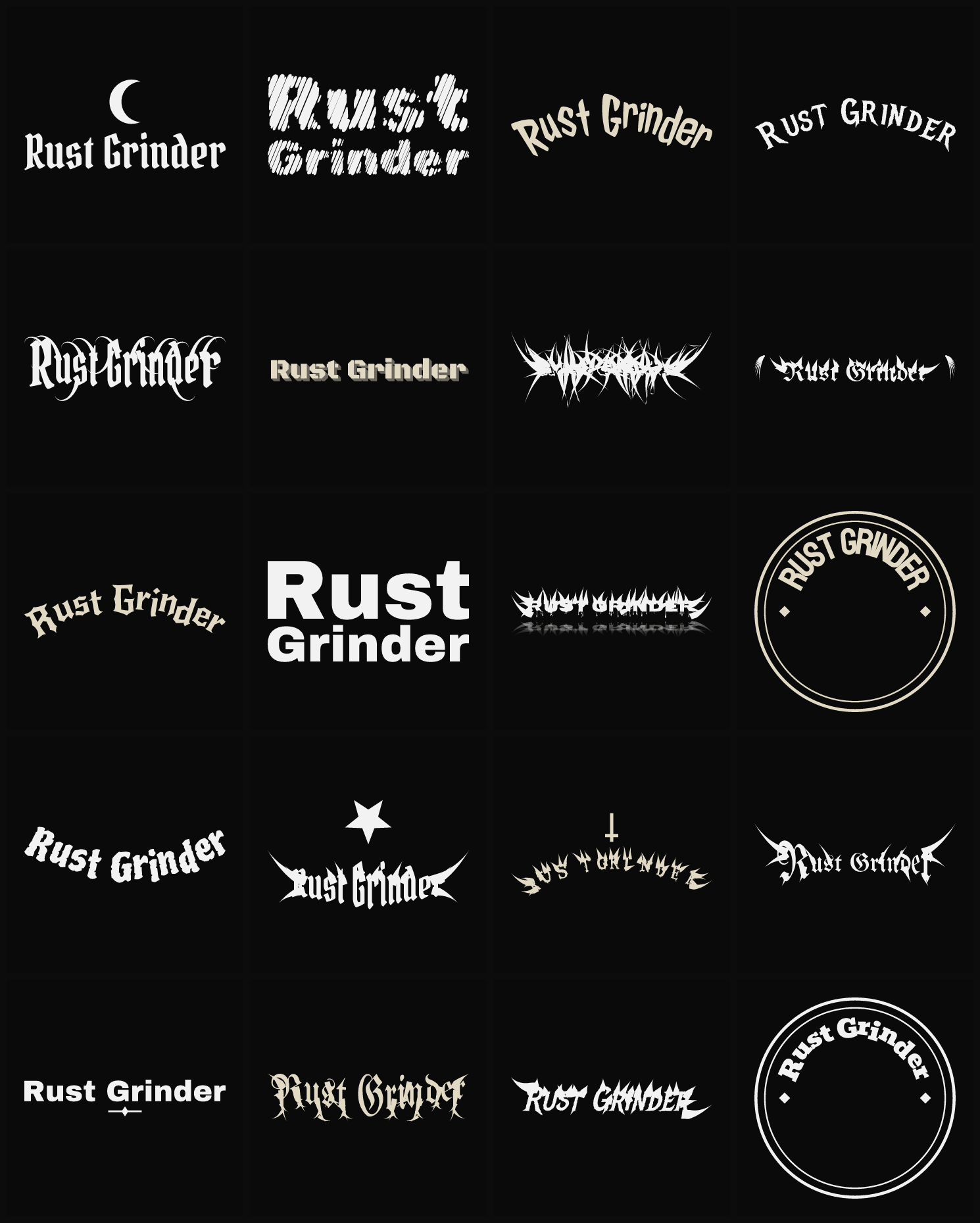 Twenty Rust Grinder band logo ideas — different faces, treatments and spike settings