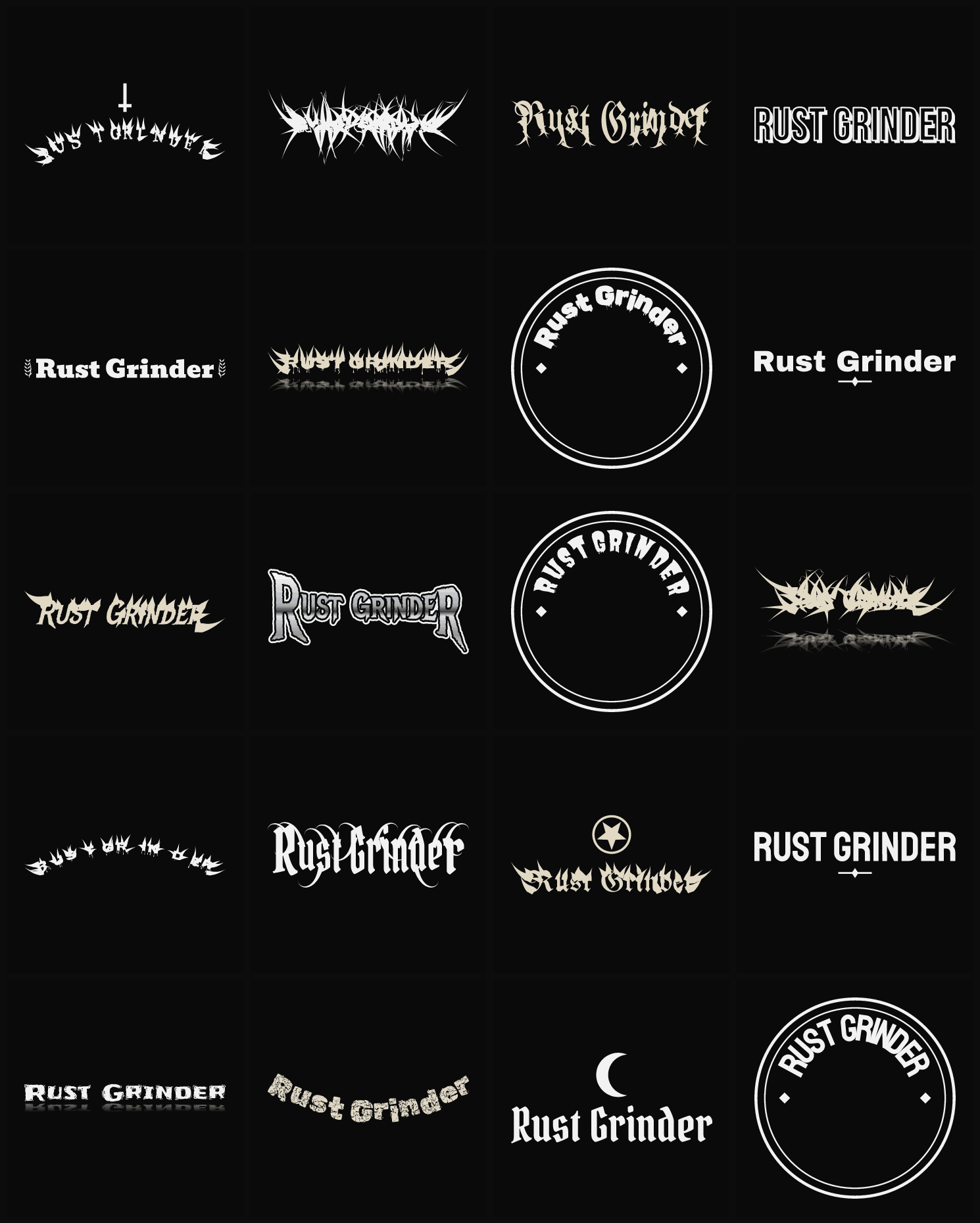 Twenty Rust Grinder band logo ideas — different faces, treatments and spike settings