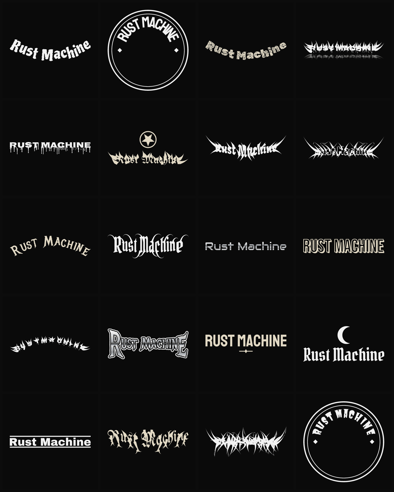 Twenty Rust Machine band logo ideas — different faces, treatments and spike settings