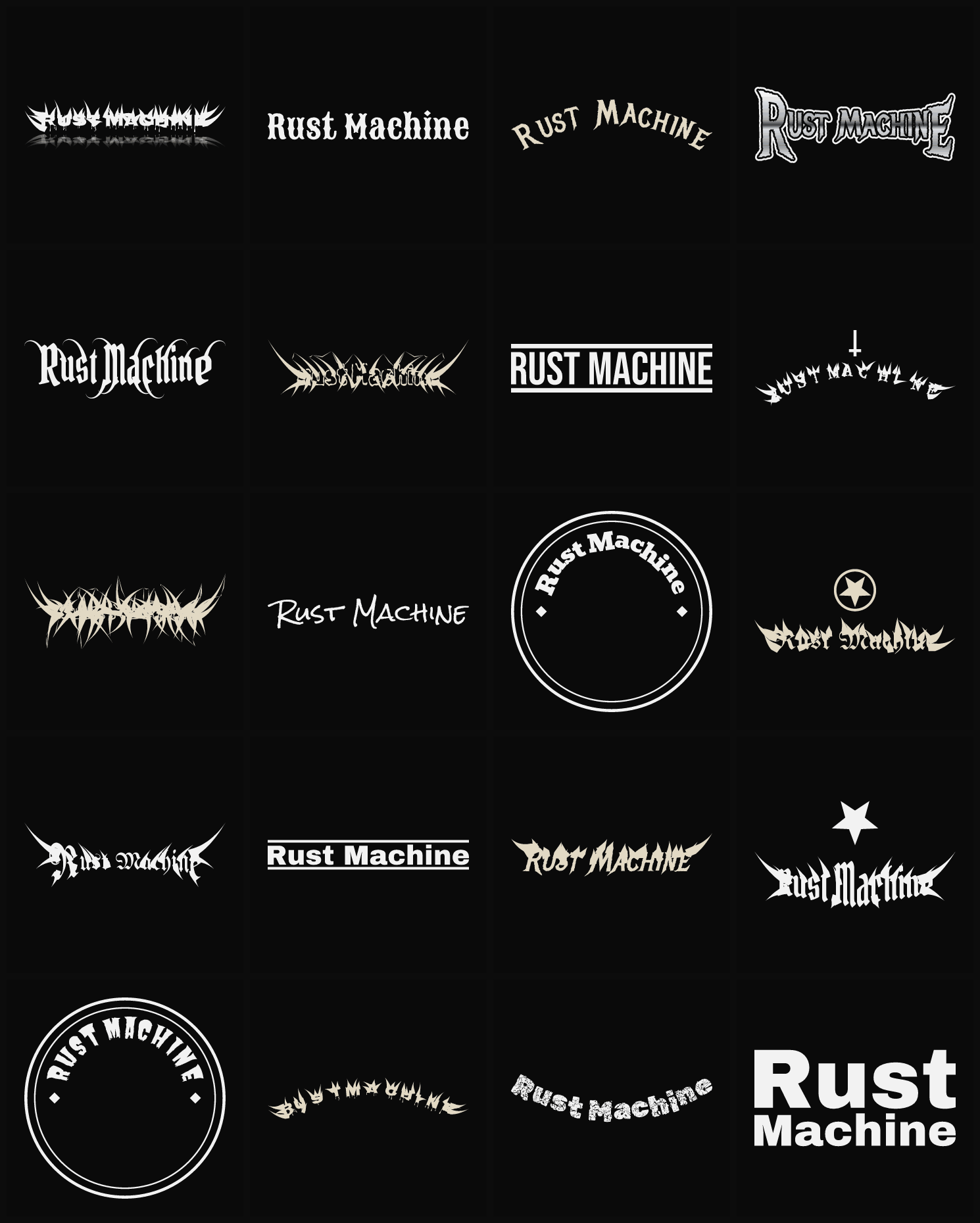 Twenty Rust Machine band logo ideas — different faces, treatments and spike settings