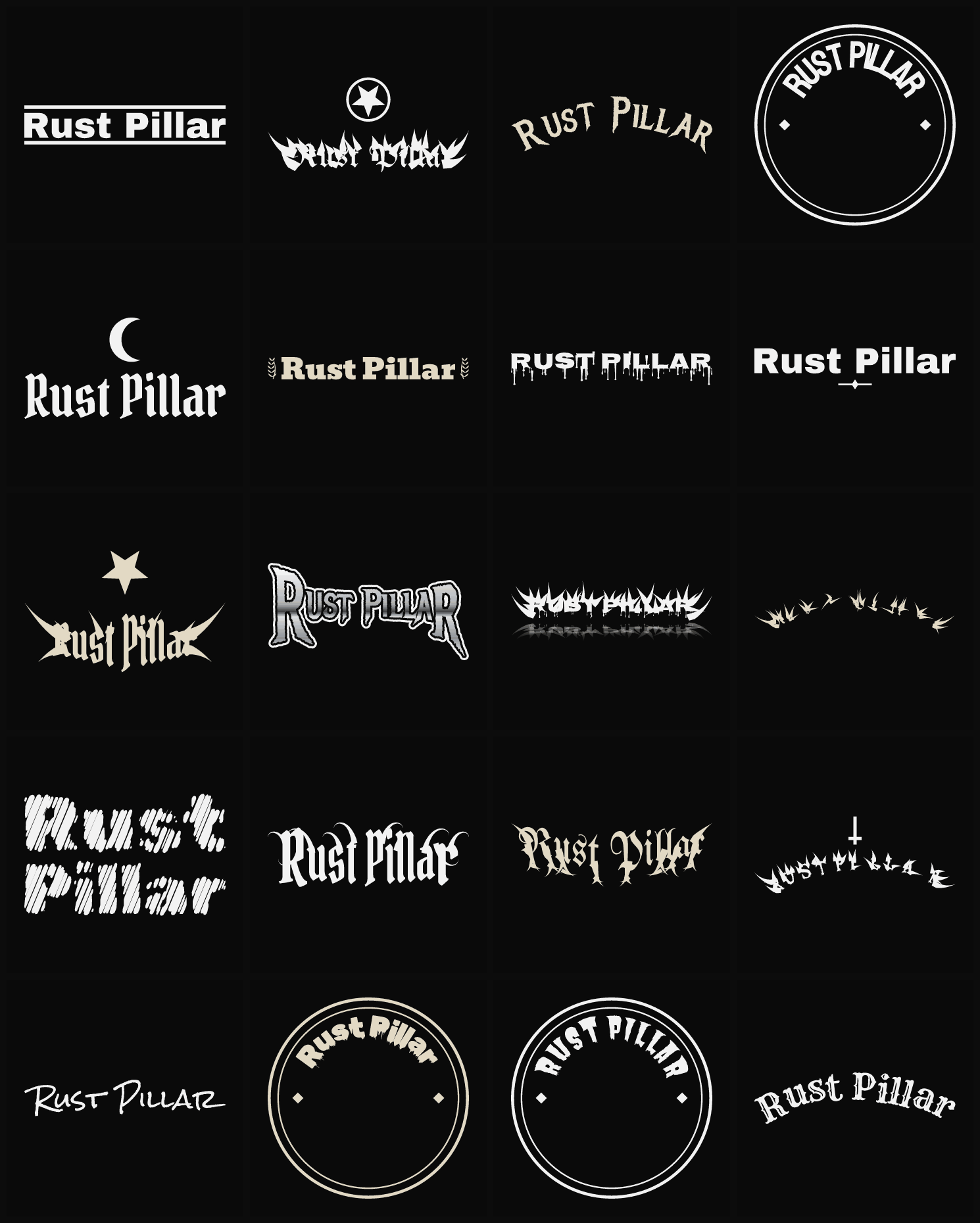 Twenty Rust Pillar band logo ideas — different faces, treatments and spike settings