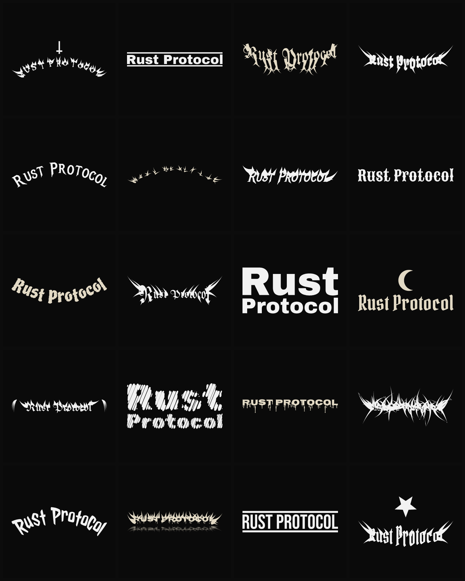 Twenty Rust Protocol band logo ideas — different faces, treatments and spike settings