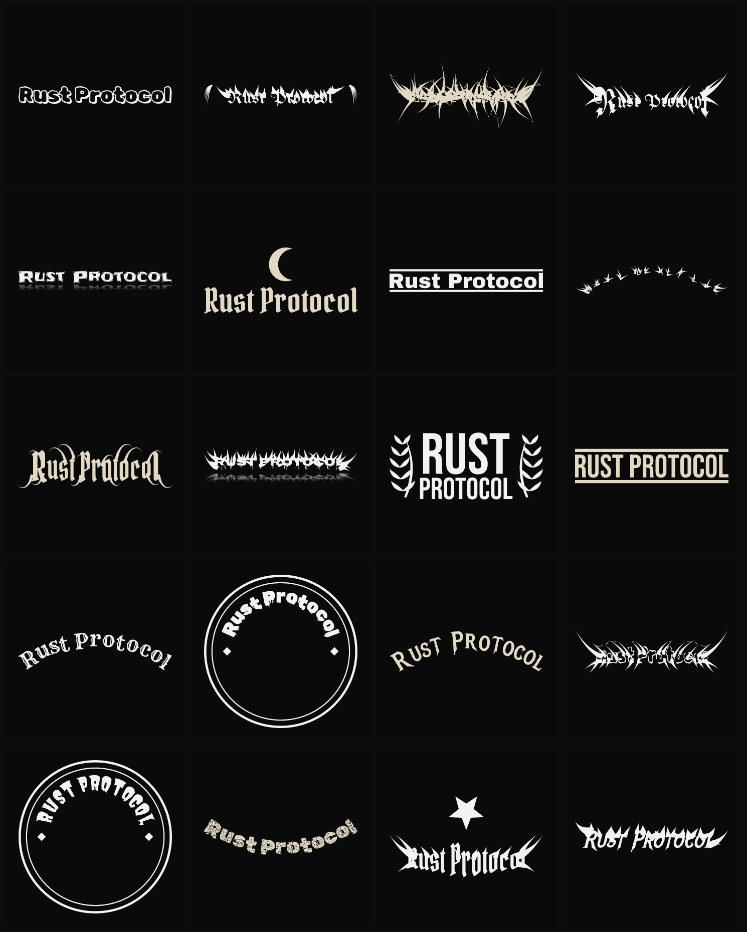 Twenty Rust Protocol band logo ideas — different faces, treatments and spike settings