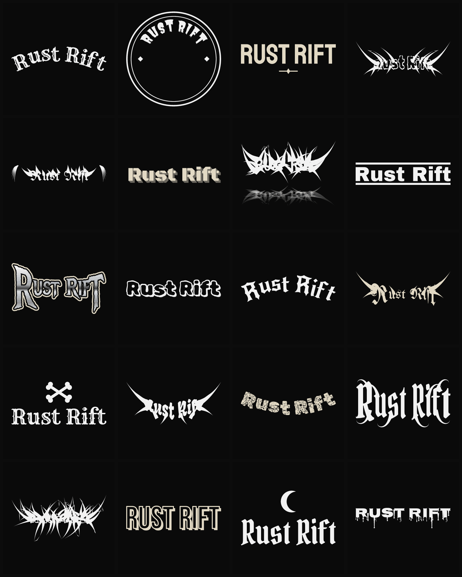 Twenty Rust Rift band logo ideas — different faces, treatments and spike settings