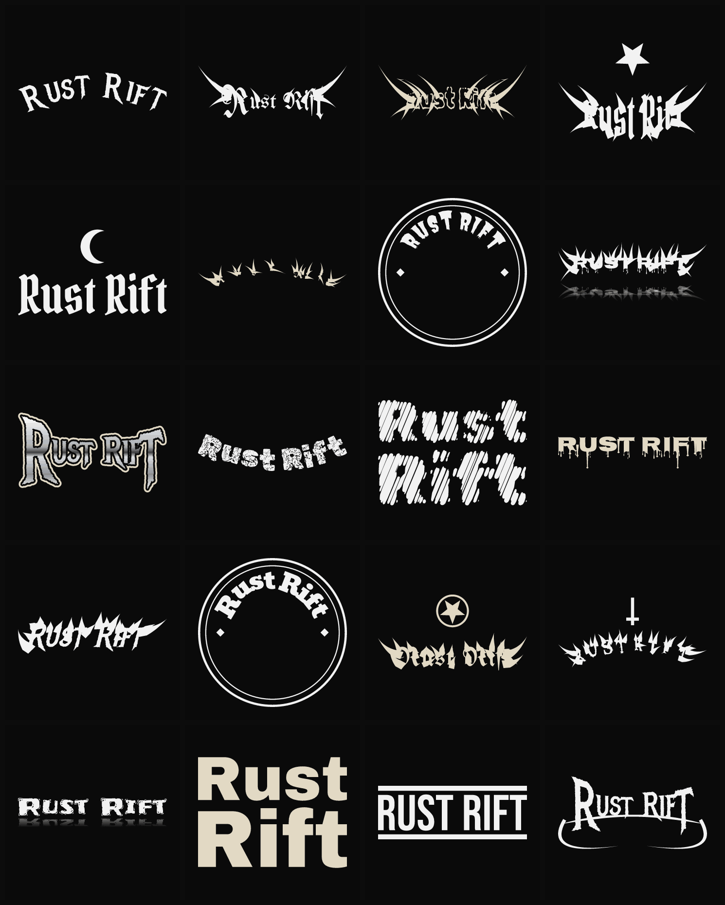 Twenty Rust Rift band logo ideas — different faces, treatments and spike settings