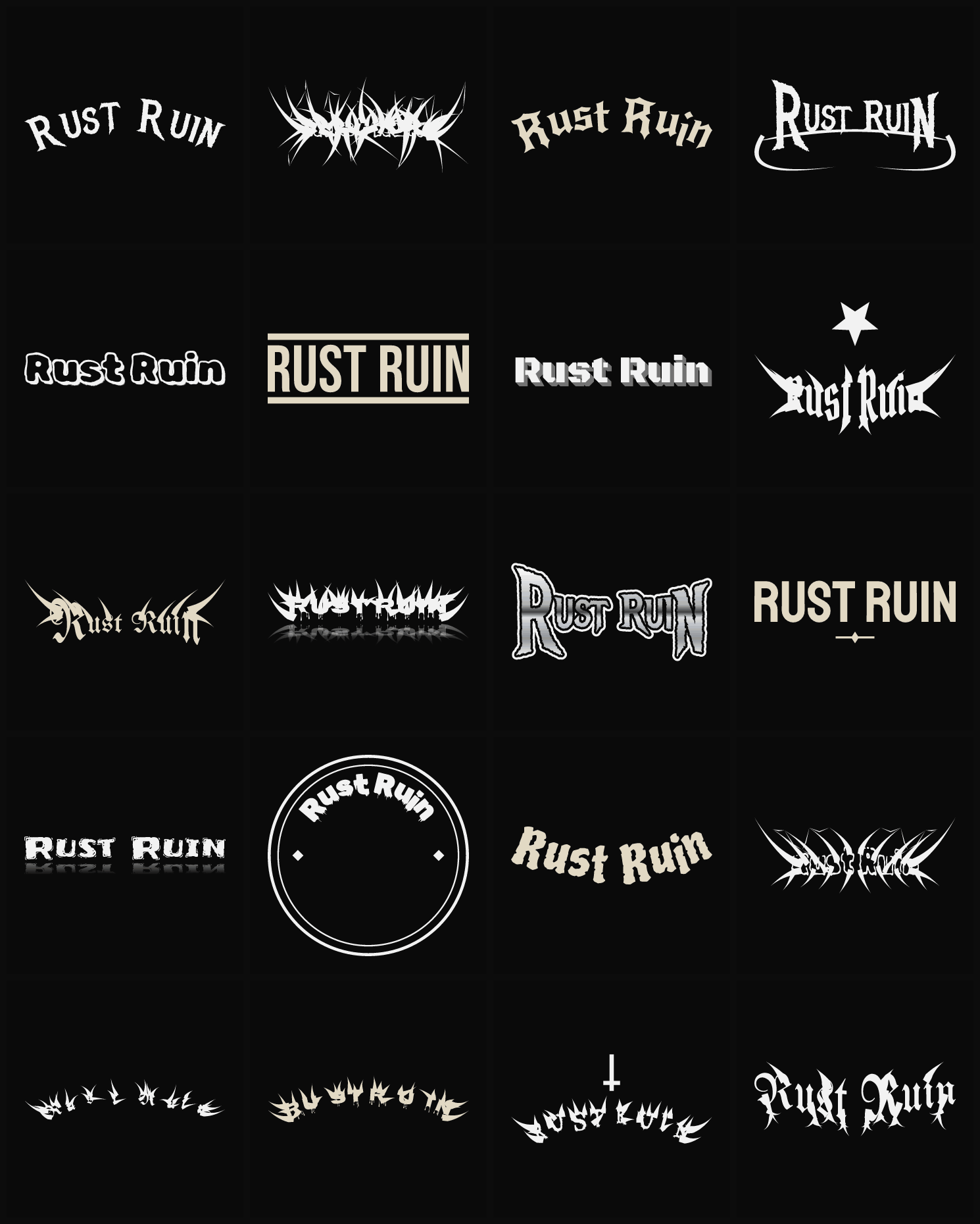 Twenty Rust Ruin band logo ideas — different faces, treatments and spike settings