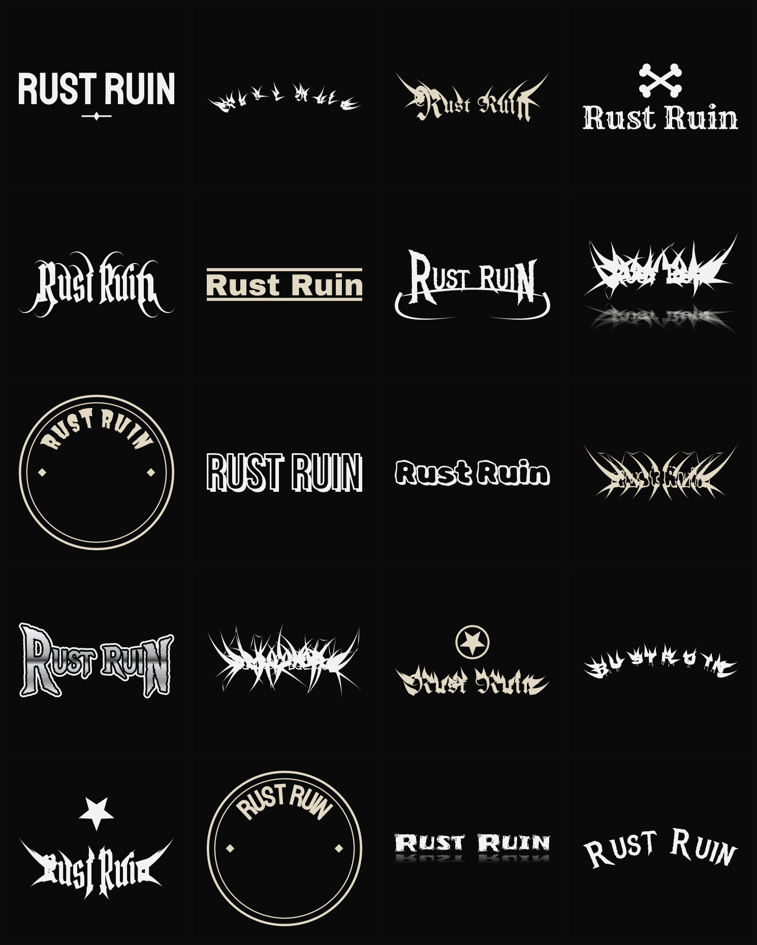 Twenty Rust Ruin band logo ideas — different faces, treatments and spike settings