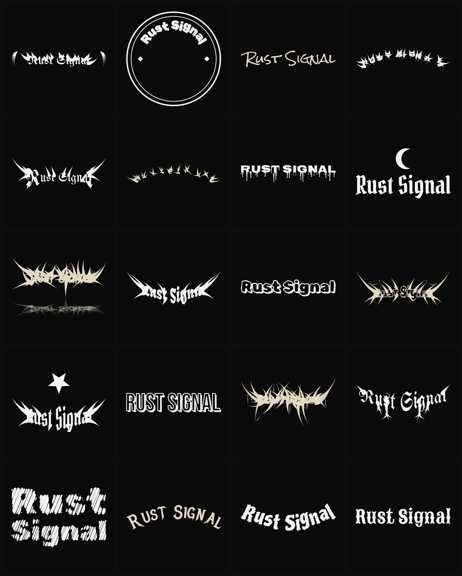 Twenty Rust Signal band logo ideas — different faces, treatments and spike settings