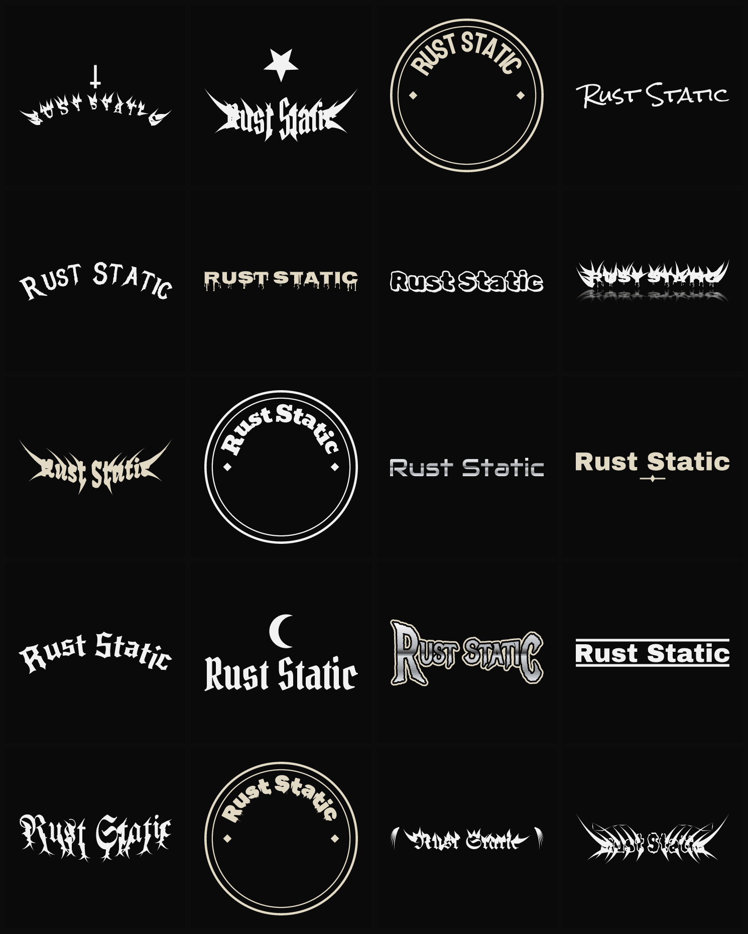 Twenty Rust Static band logo ideas — different faces, treatments and spike settings