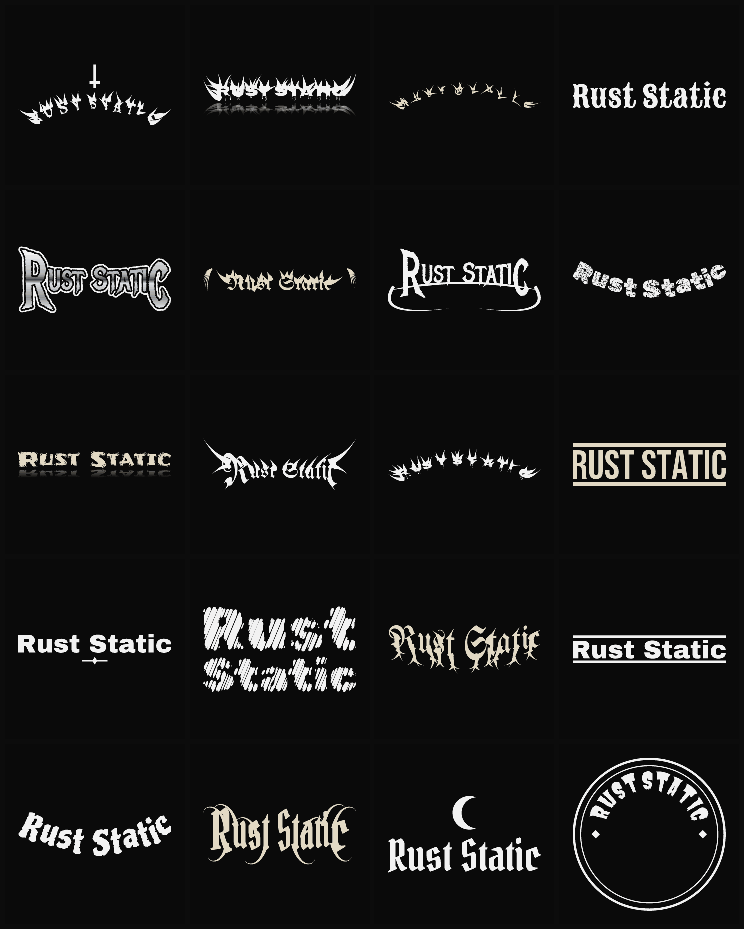 Twenty Rust Static band logo ideas — different faces, treatments and spike settings