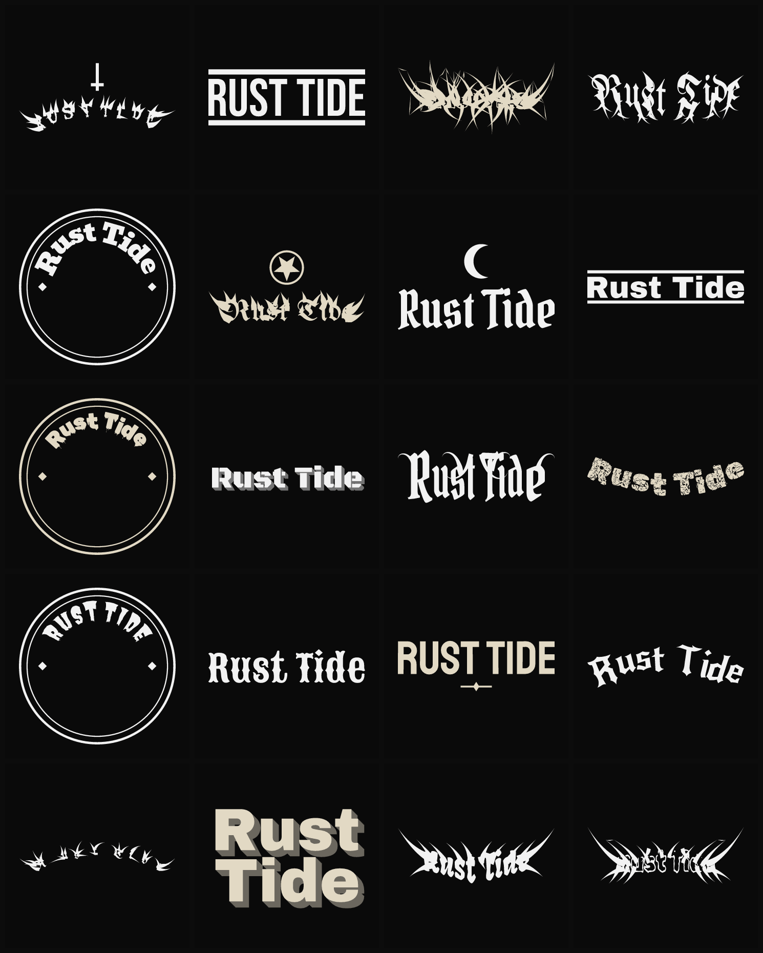 Twenty Rust Tide band logo ideas — different faces, treatments and spike settings