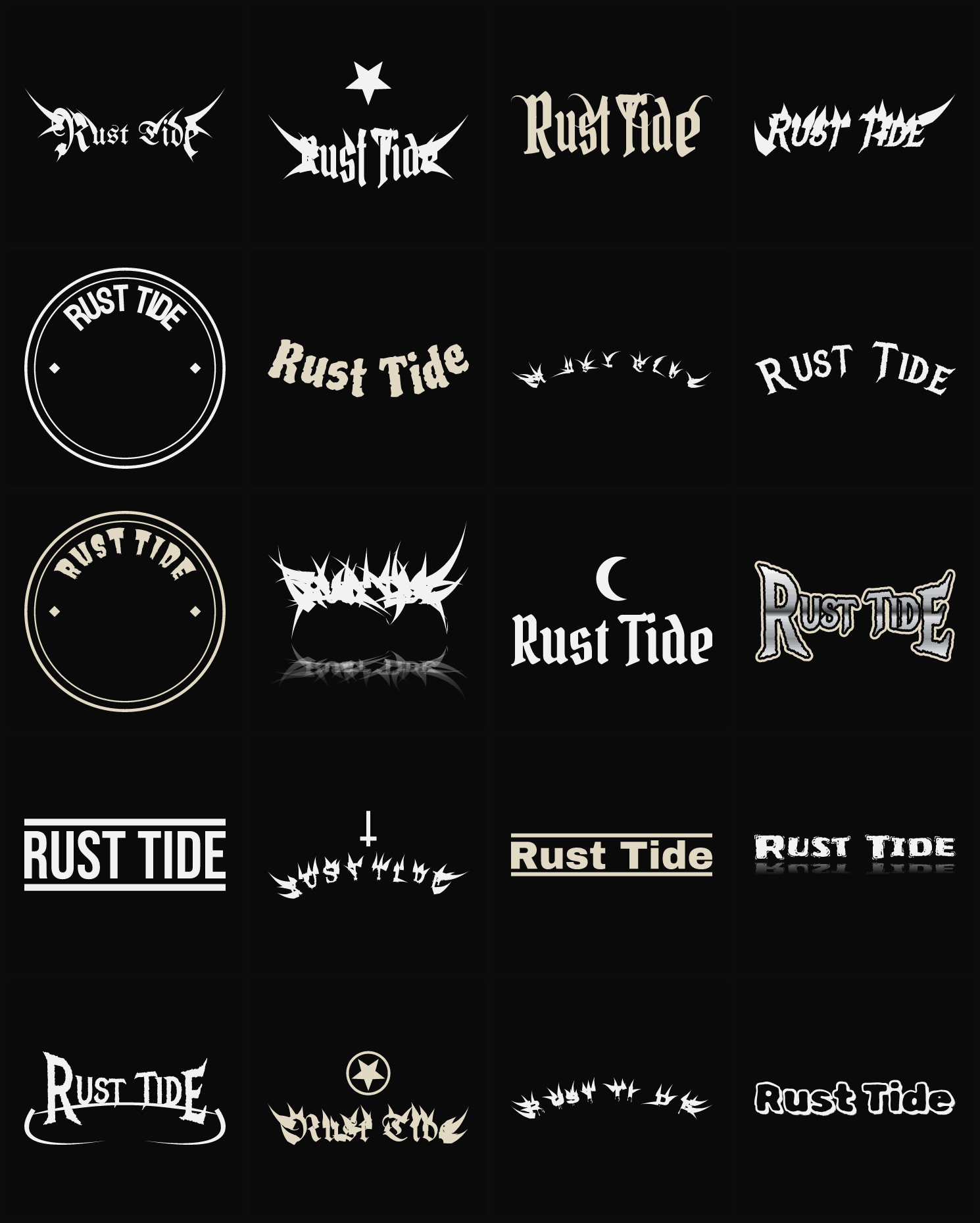 Twenty Rust Tide band logo ideas — different faces, treatments and spike settings
