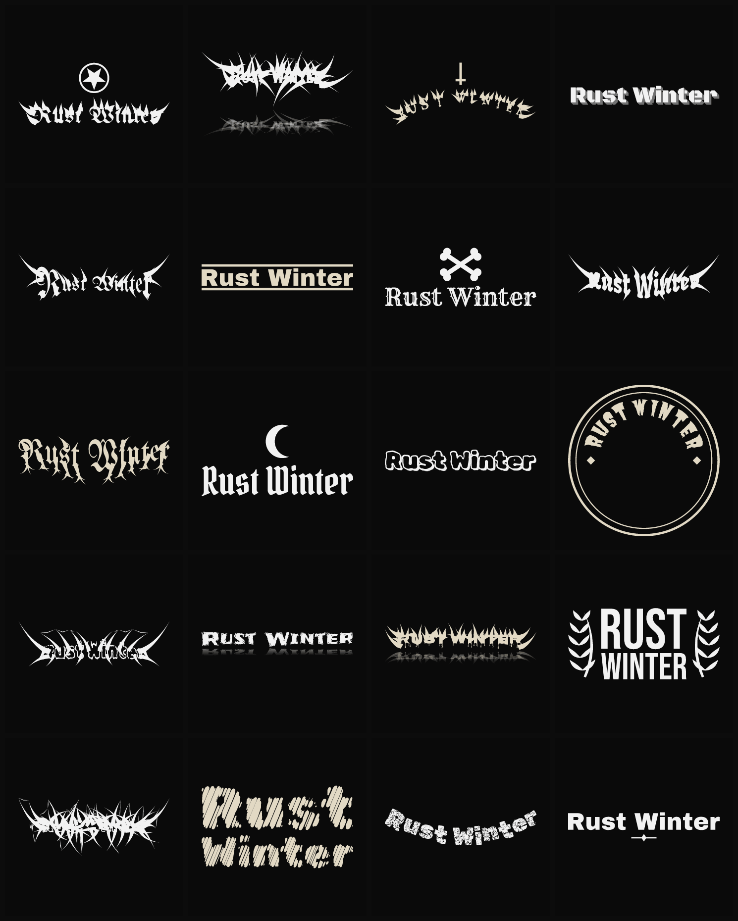 Twenty Rust Winter band logo ideas — different faces, treatments and spike settings