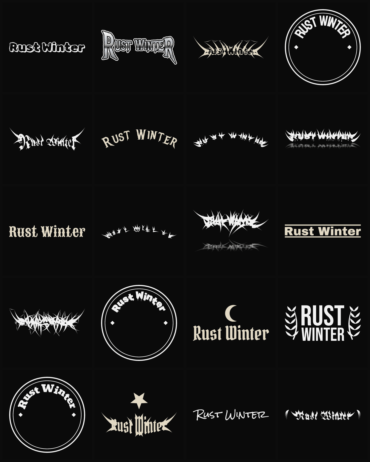 Twenty Rust Winter band logo ideas — different faces, treatments and spike settings