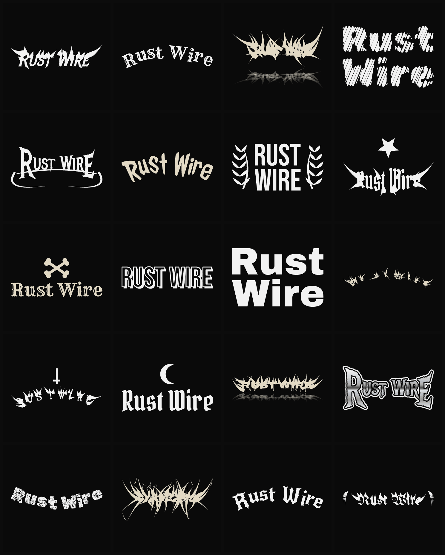 Twenty Rust Wire band logo ideas — different faces, treatments and spike settings