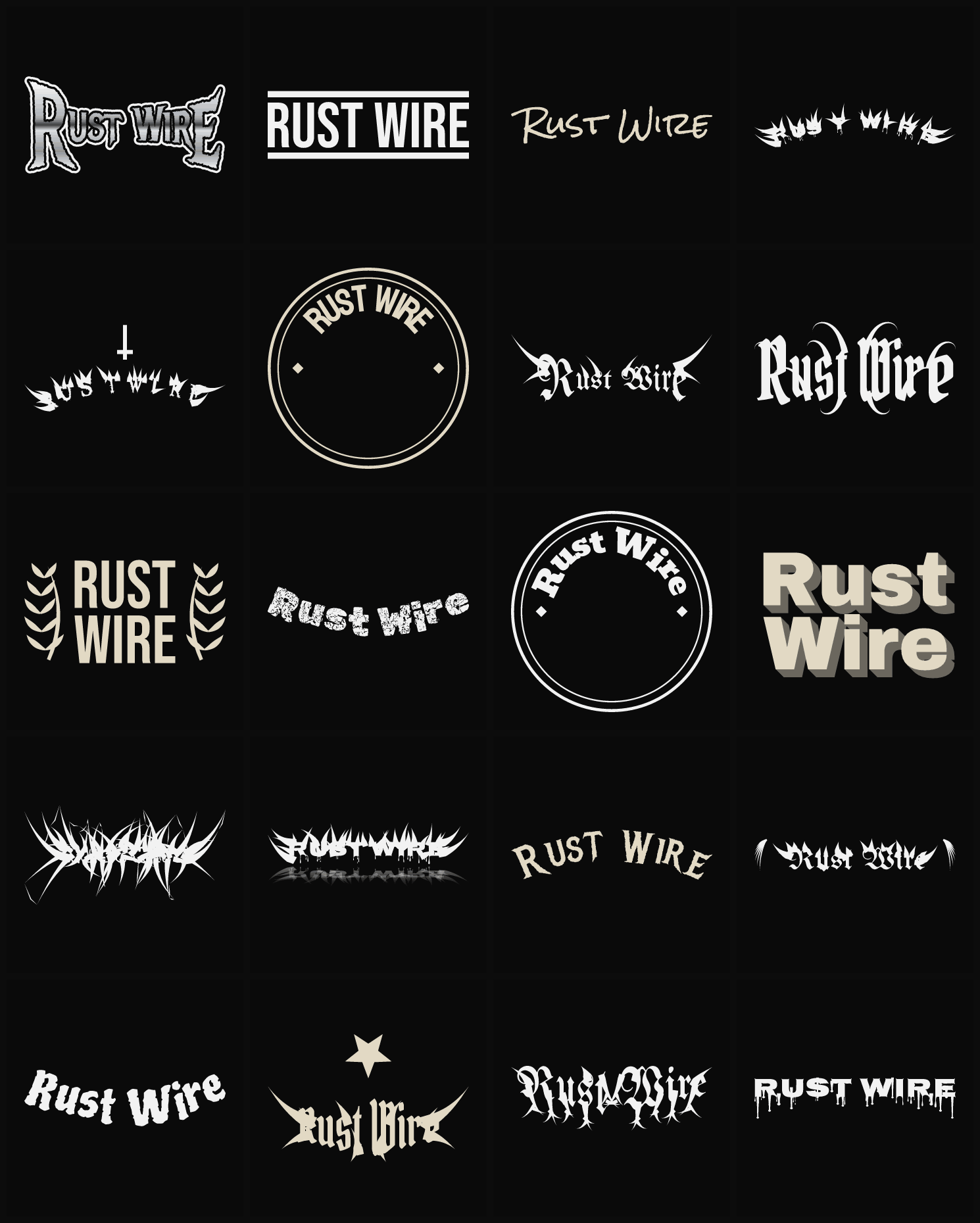 Twenty Rust Wire band logo ideas — different faces, treatments and spike settings