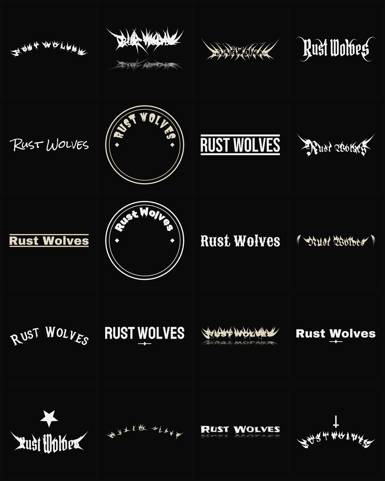 Twenty Rust Wolves band logo ideas — different faces, treatments and spike settings