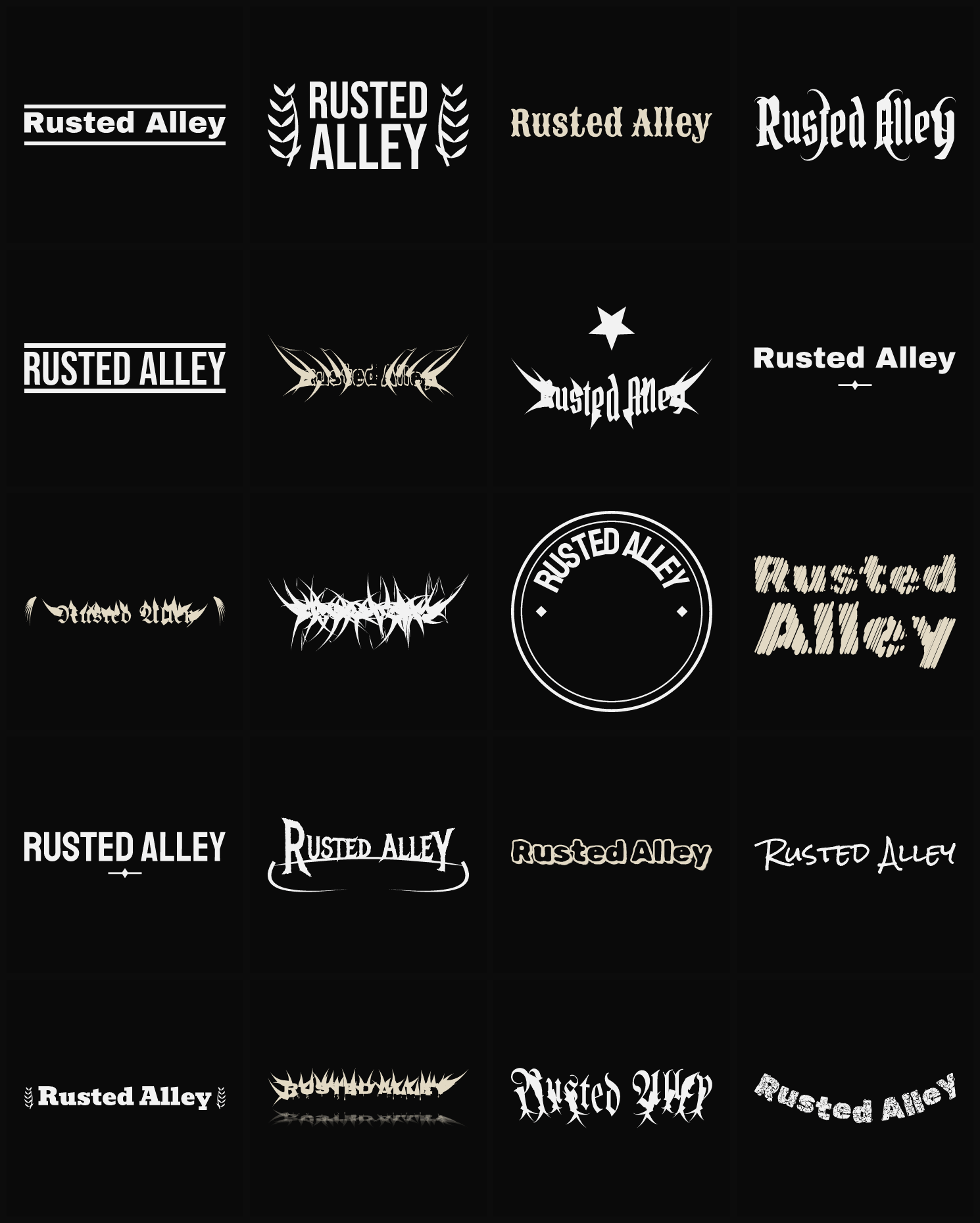 Twenty Rusted Alley band logo ideas — different faces, treatments and spike settings