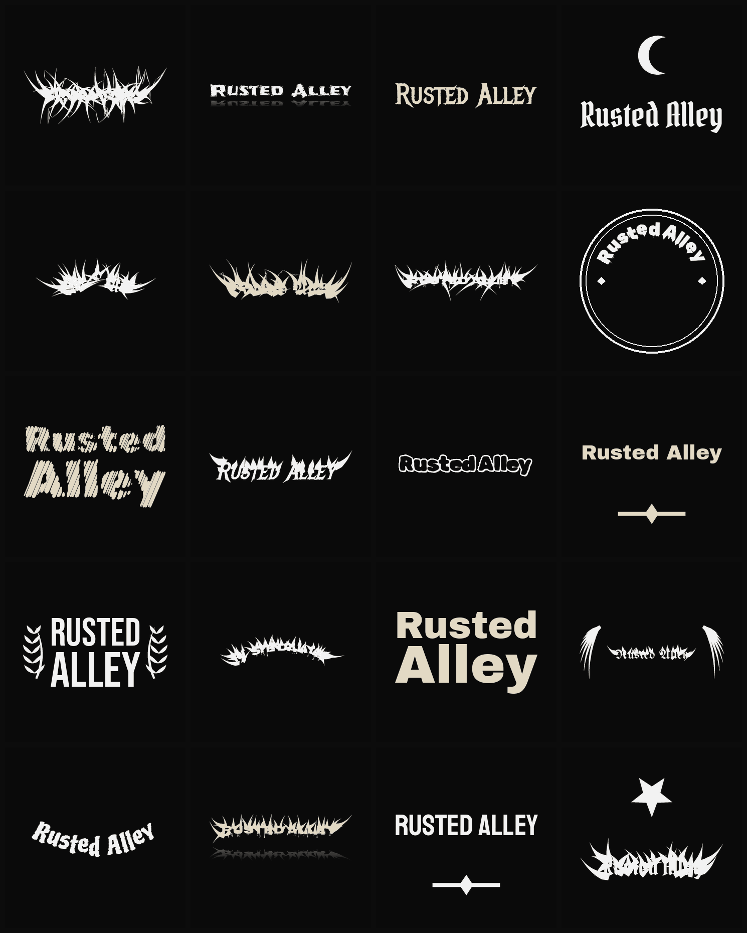 Twenty Rusted Alley band logo ideas — different faces, treatments and spike settings