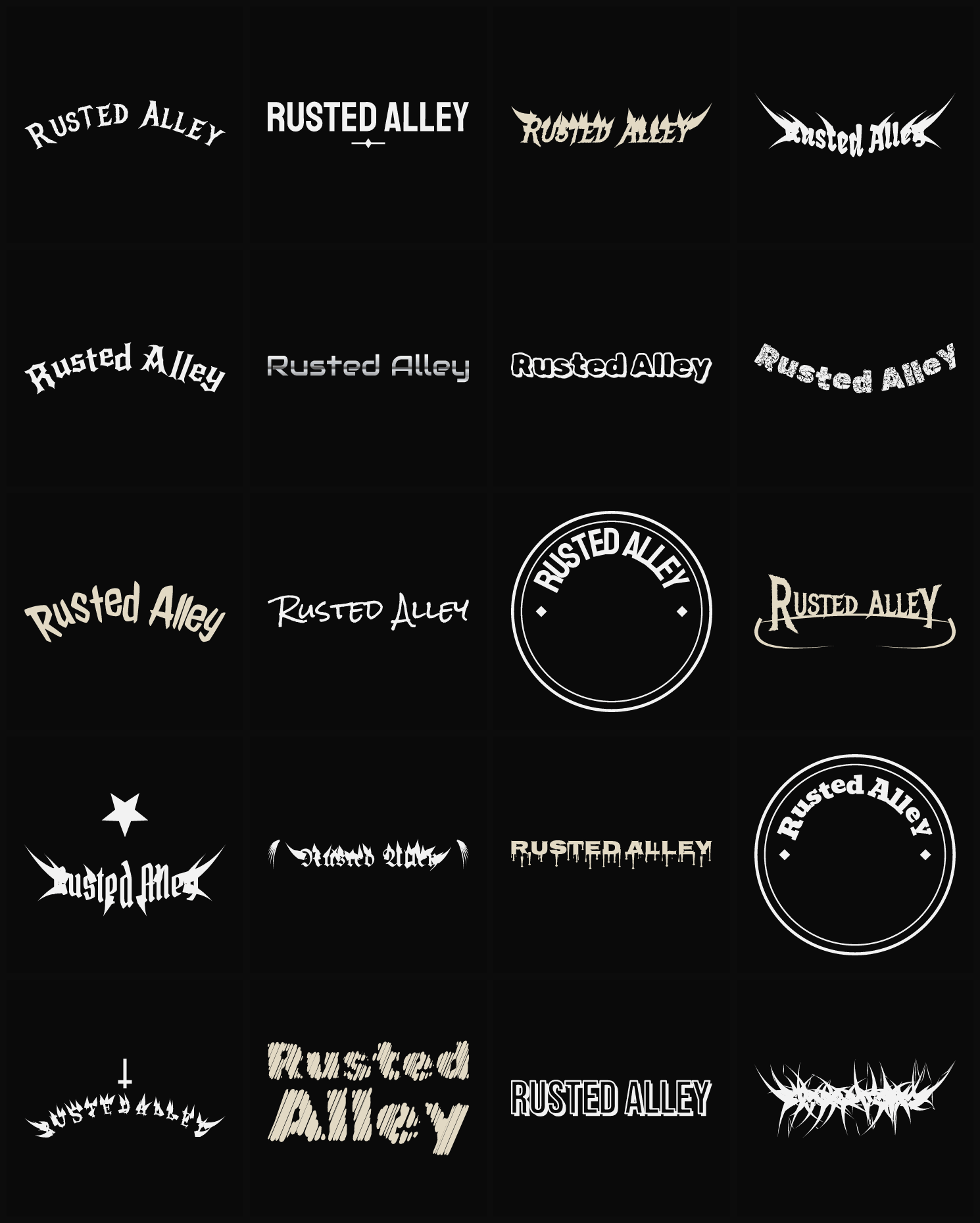 Twenty Rusted Alley band logo ideas — different faces, treatments and spike settings