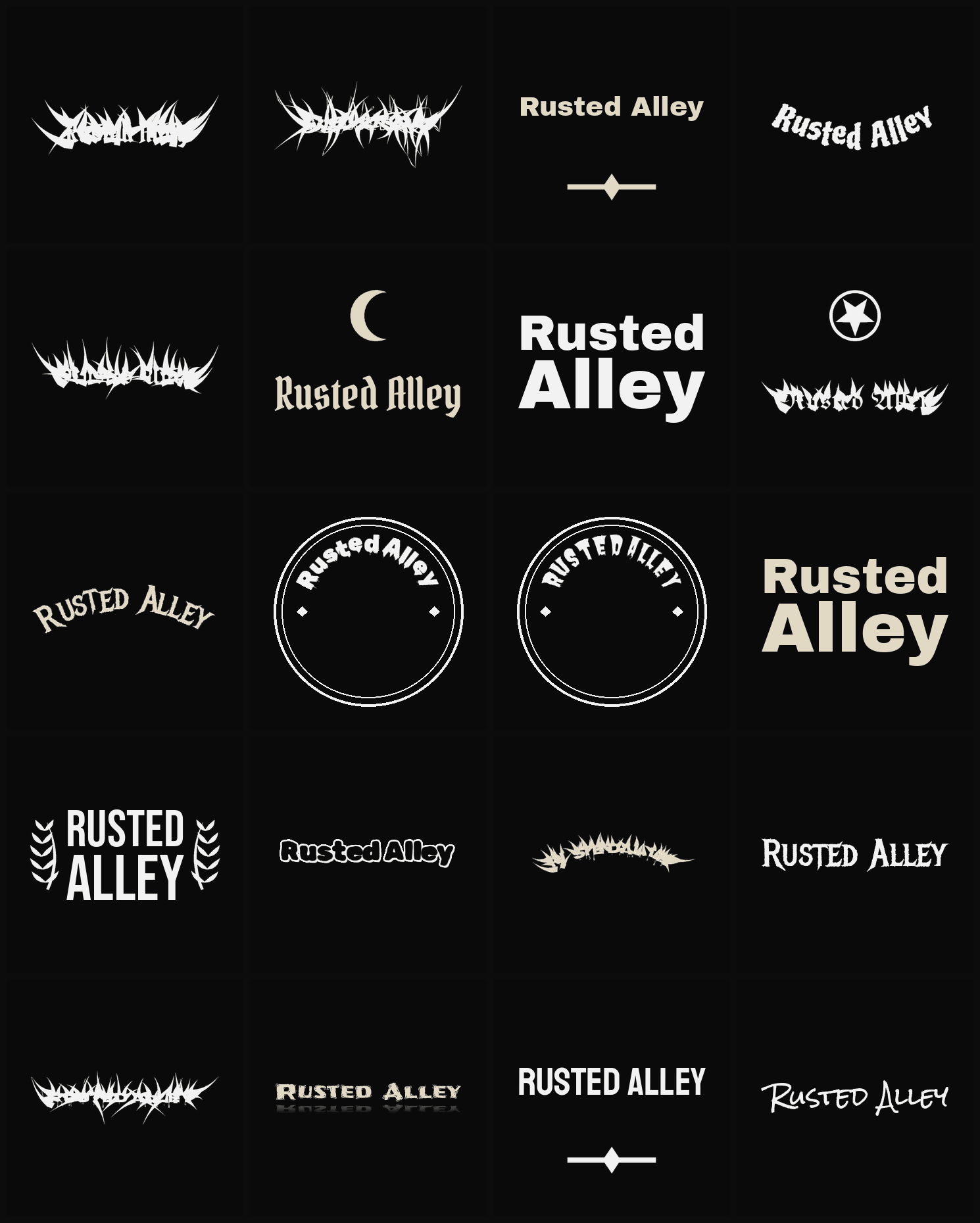 Twenty Rusted Alley band logo ideas — different faces, treatments and spike settings