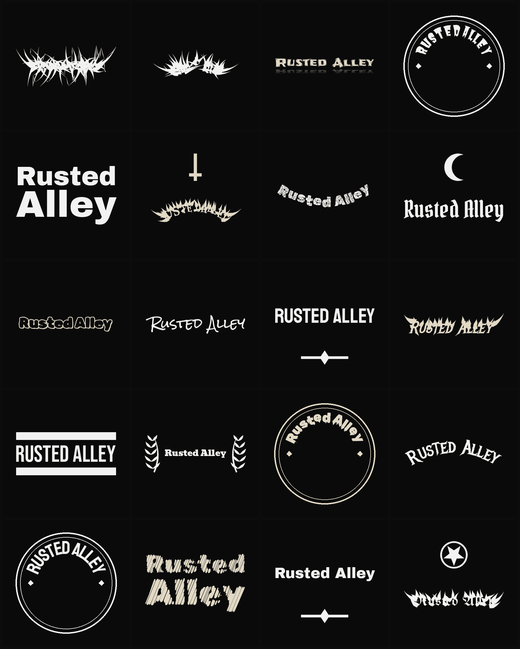 Twenty Rusted Alley band logo ideas — different faces, treatments and spike settings