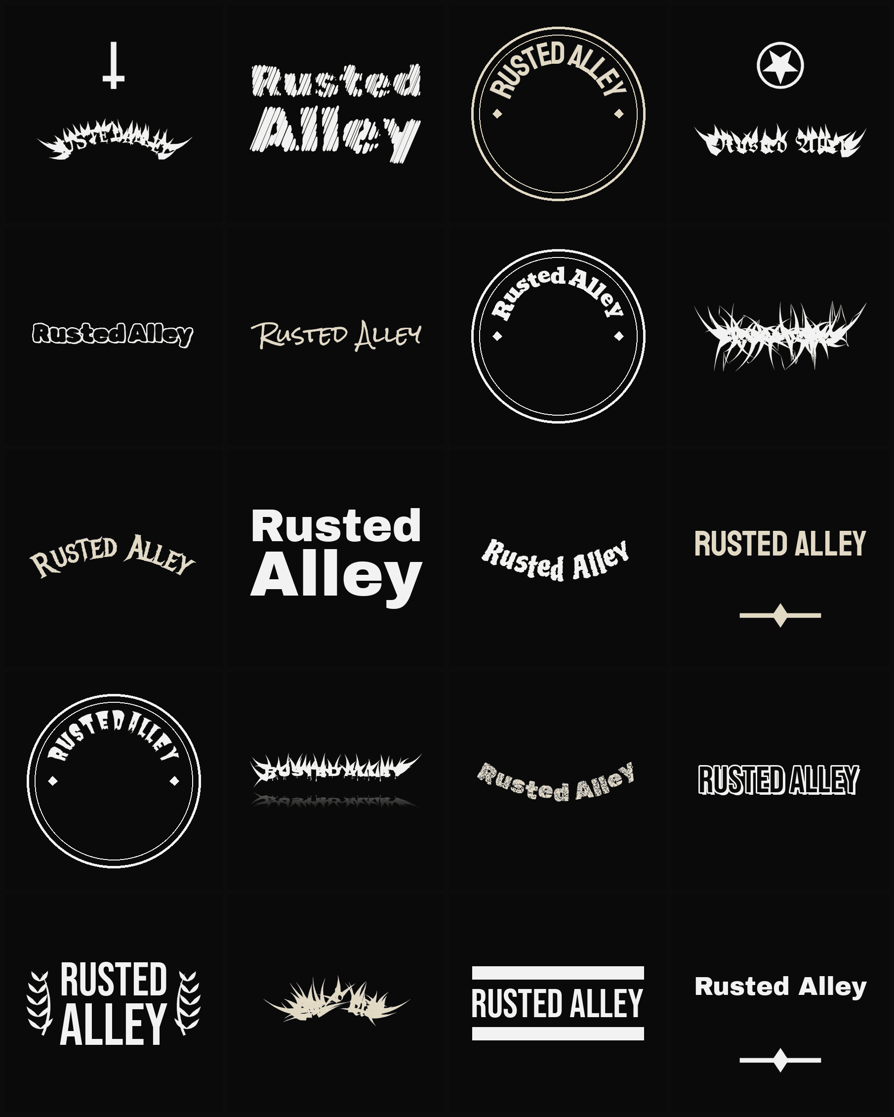 Twenty Rusted Alley band logo ideas — different faces, treatments and spike settings