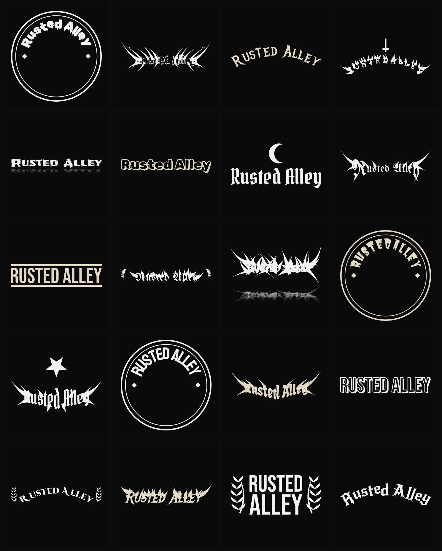 Twenty Rusted Alley band logo ideas — different faces, treatments and spike settings