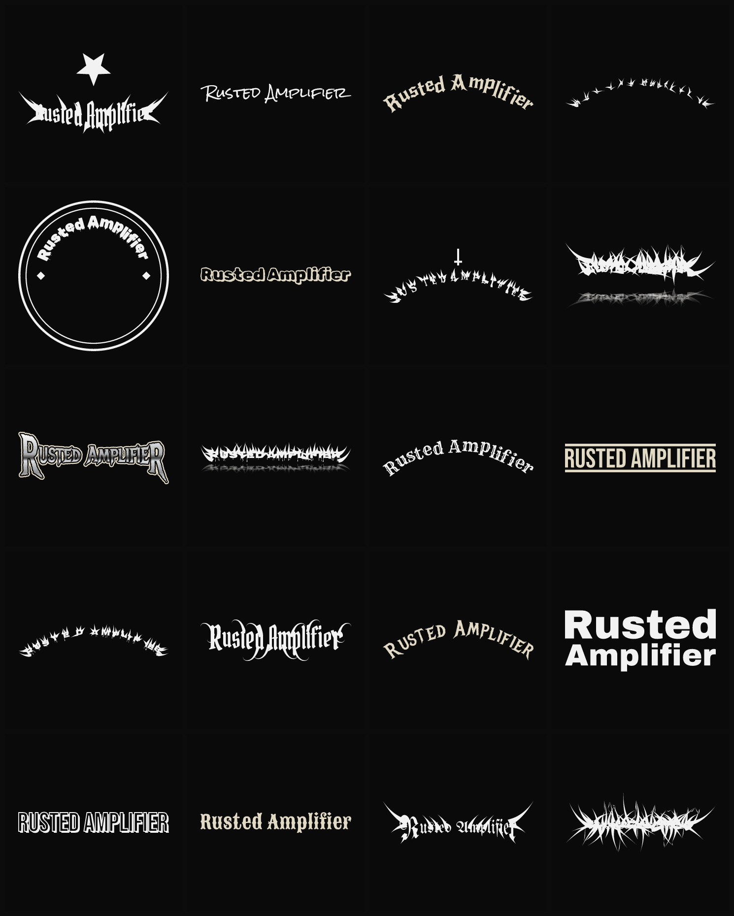 Twenty Rusted Amplifier band logo ideas — different faces, treatments and spike settings