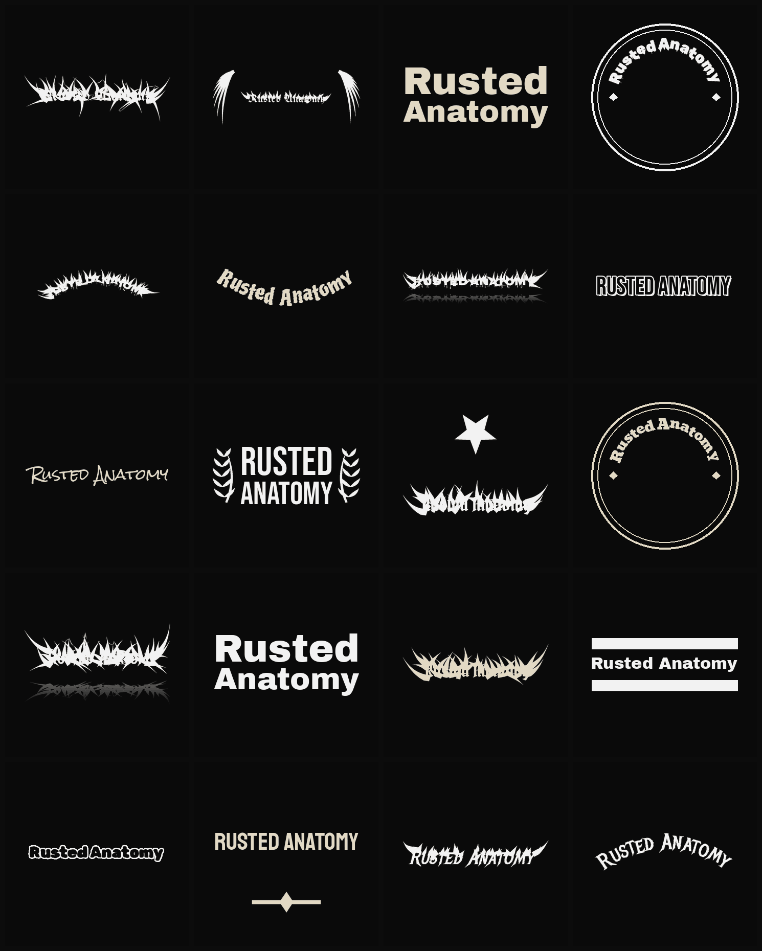 Twenty Rusted Anatomy band logo ideas — different faces, treatments and spike settings