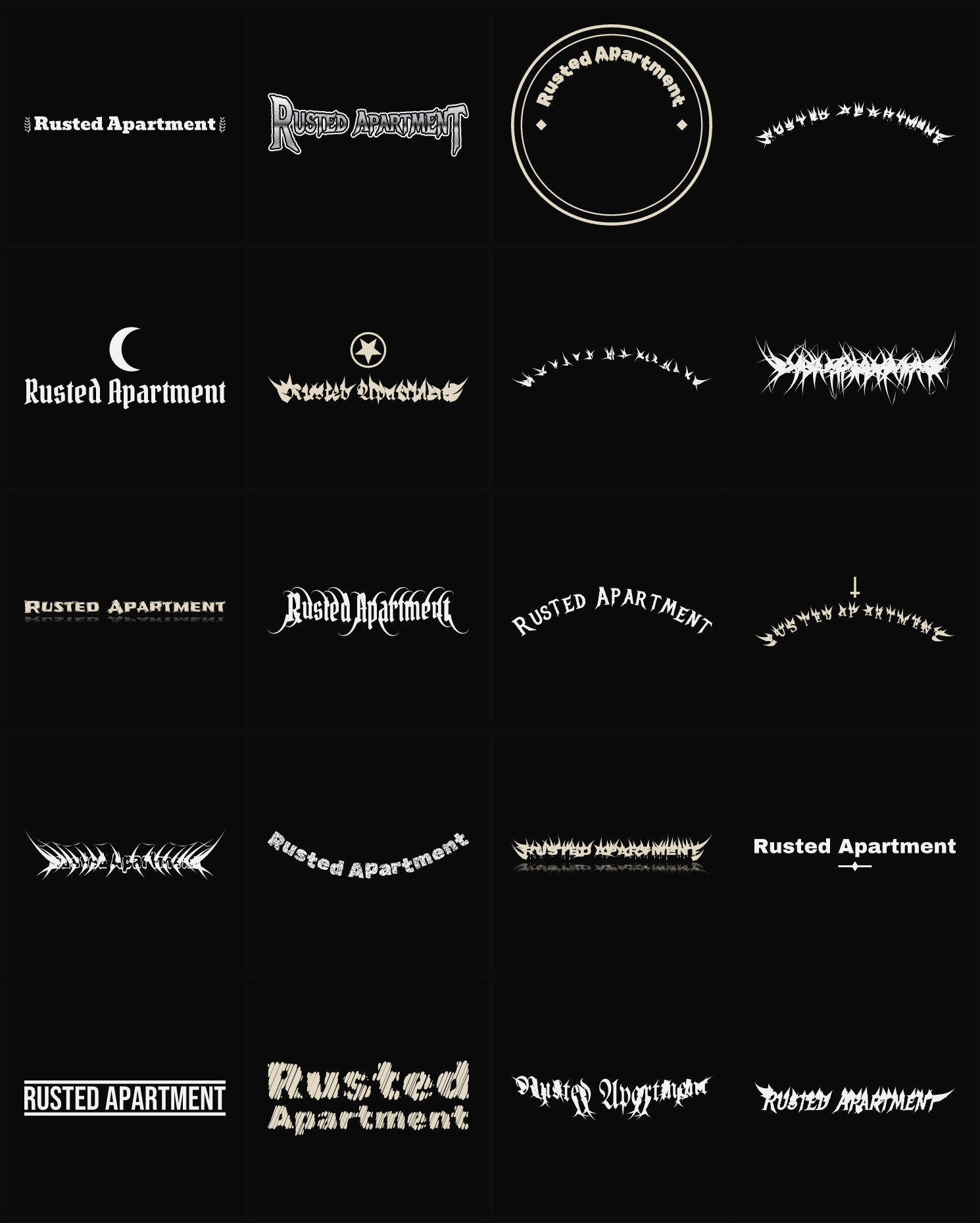 Twenty Rusted Apartment band logo ideas — different faces, treatments and spike settings