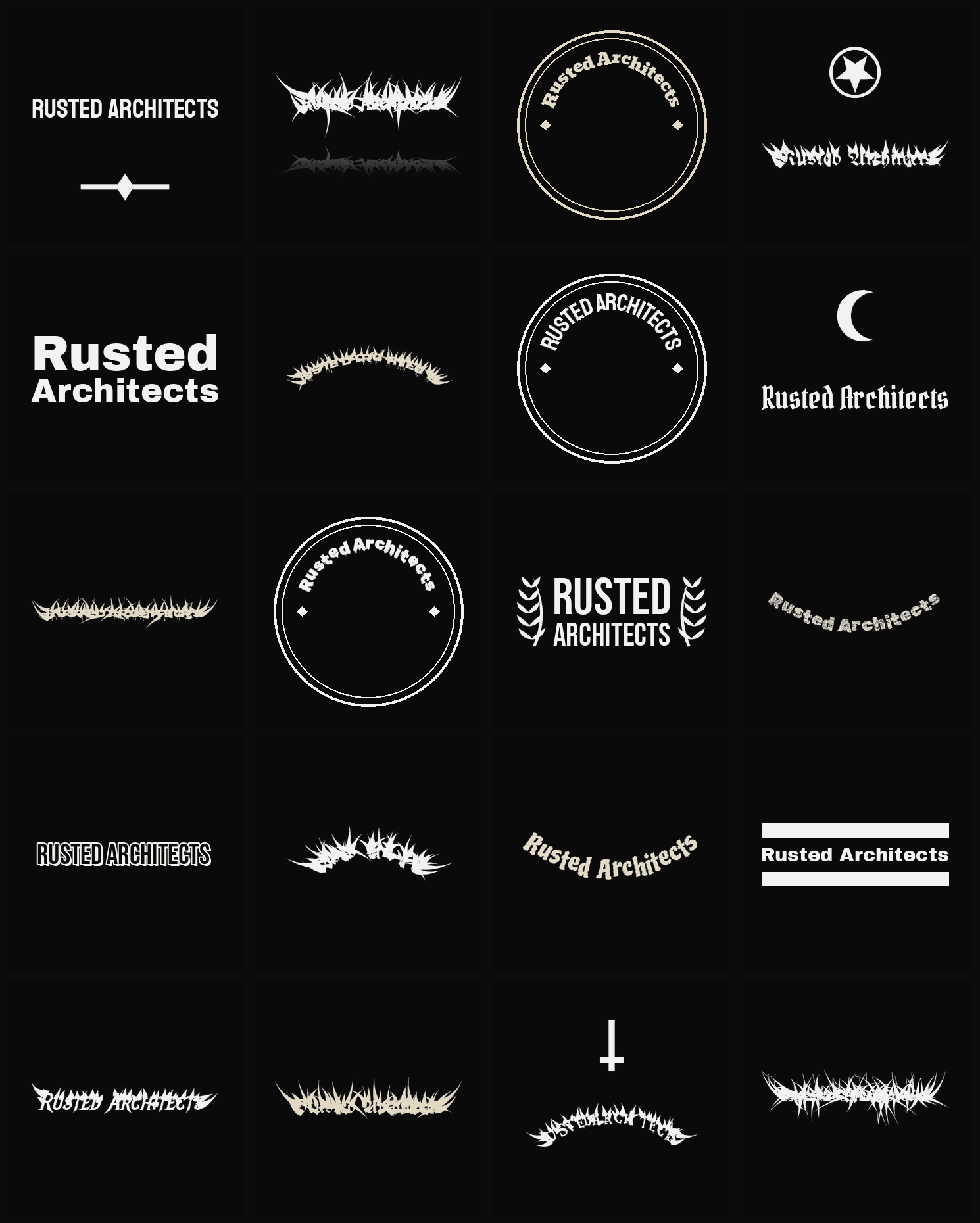 Twenty Rusted Architects band logo ideas — different faces, treatments and spike settings