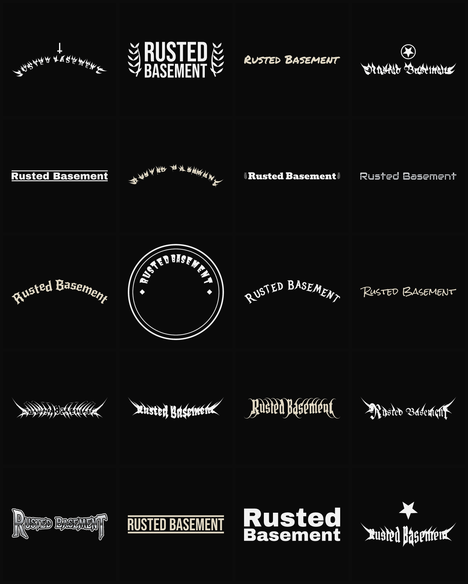 Twenty Rusted Basement band logo ideas — different faces, treatments and spike settings