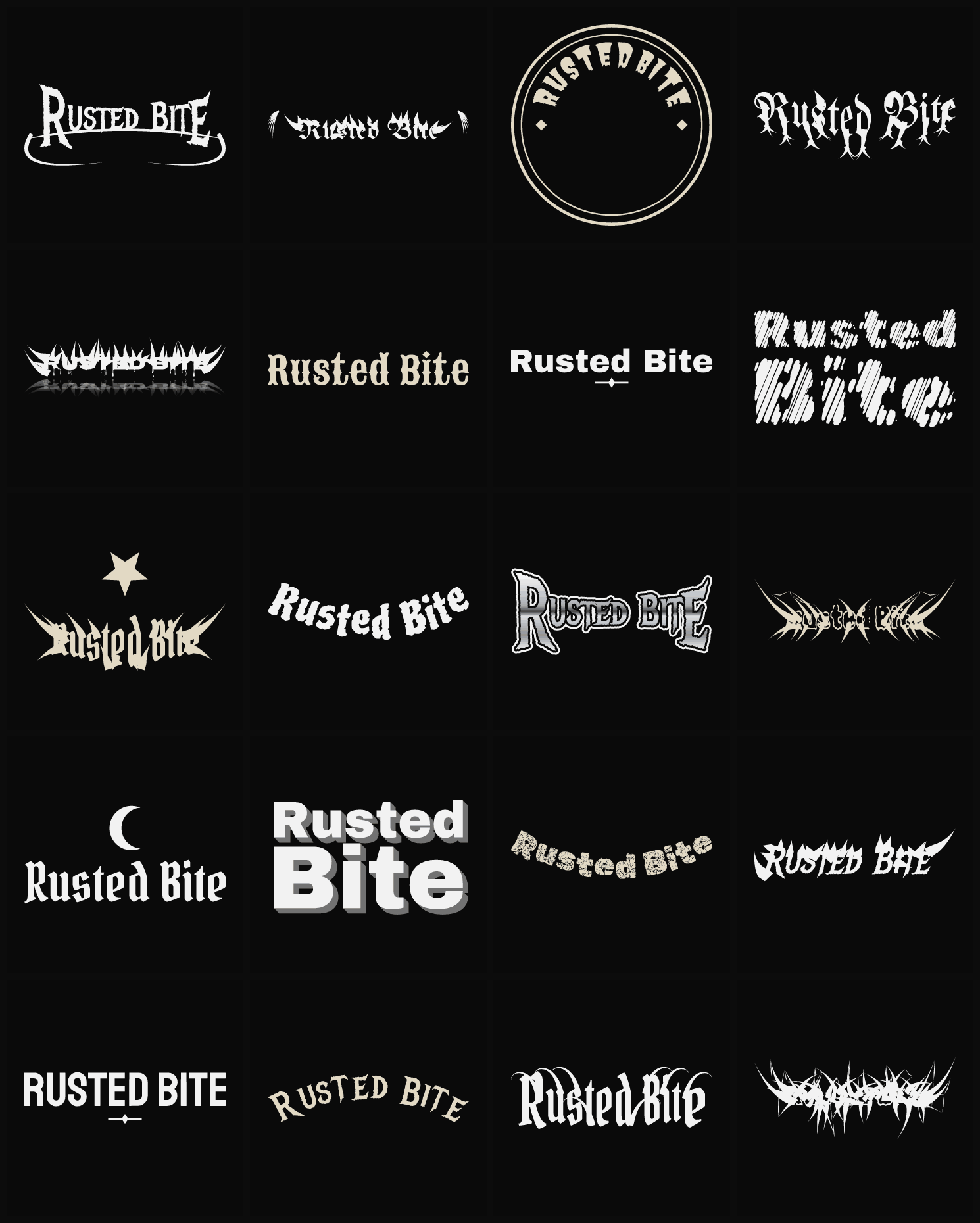 Twenty Rusted Bite band logo ideas — different faces, treatments and spike settings