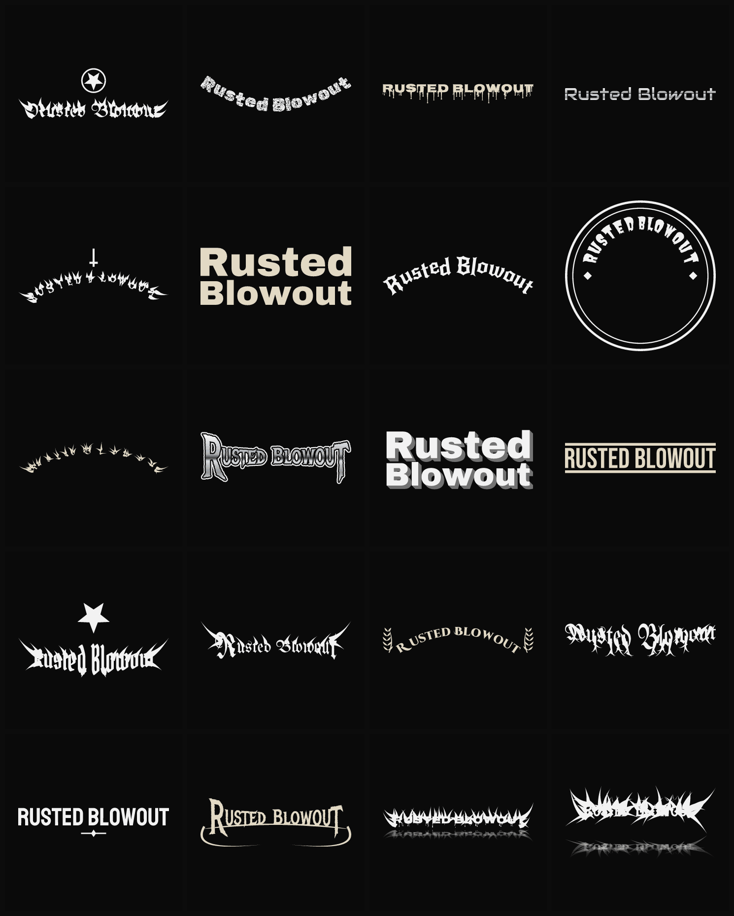 Twenty Rusted Blowout band logo ideas — different faces, treatments and spike settings