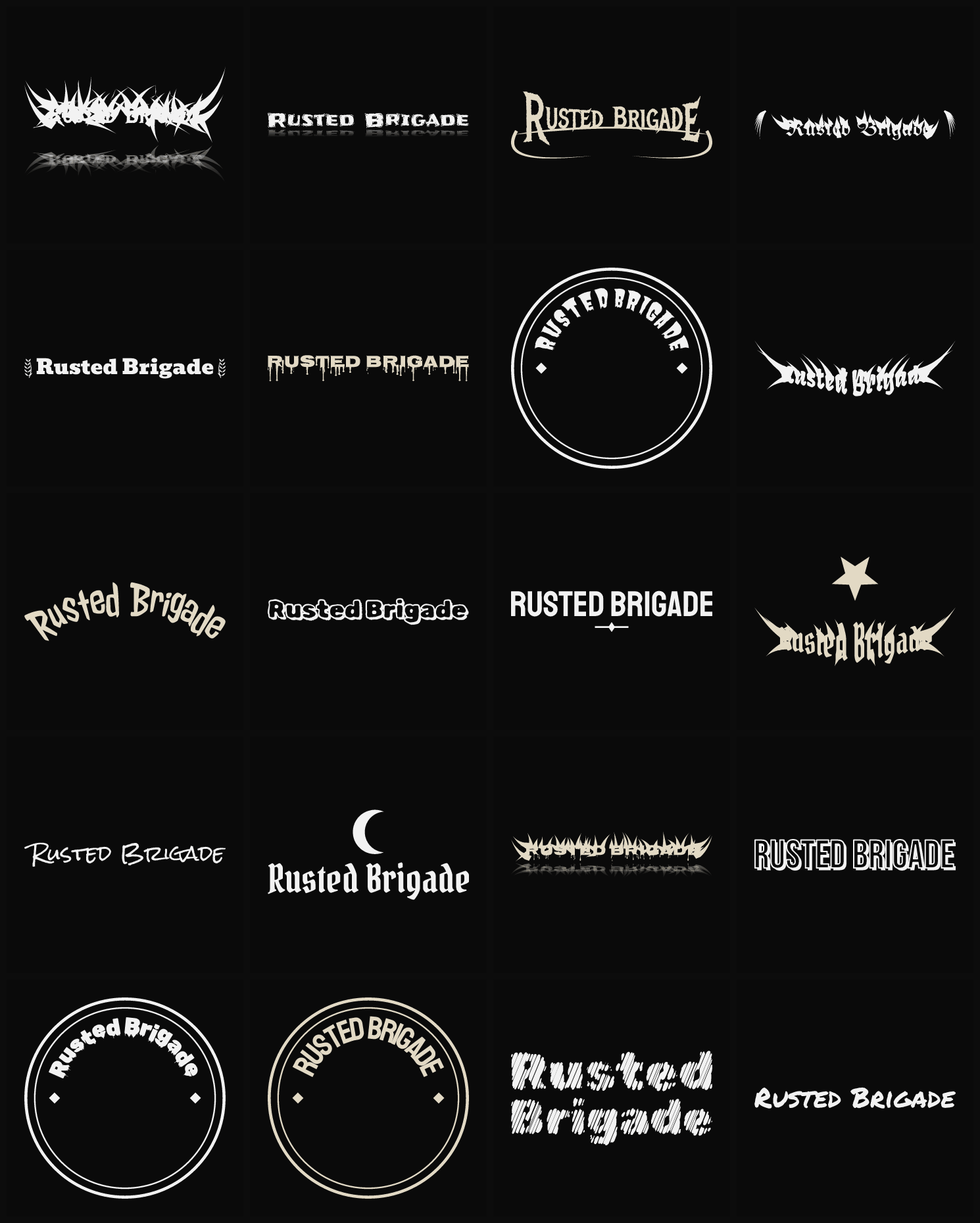 Twenty Rusted Brigade band logo ideas — different faces, treatments and spike settings