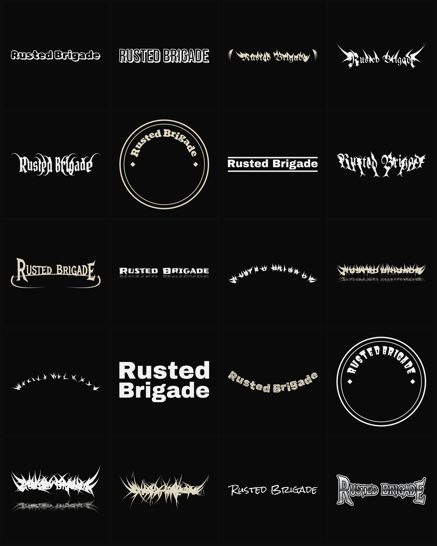 Twenty Rusted Brigade band logo ideas — different faces, treatments and spike settings