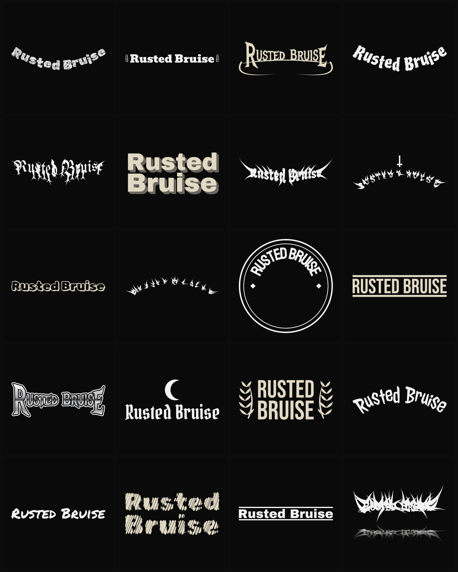 Twenty Rusted Bruise band logo ideas — different faces, treatments and spike settings