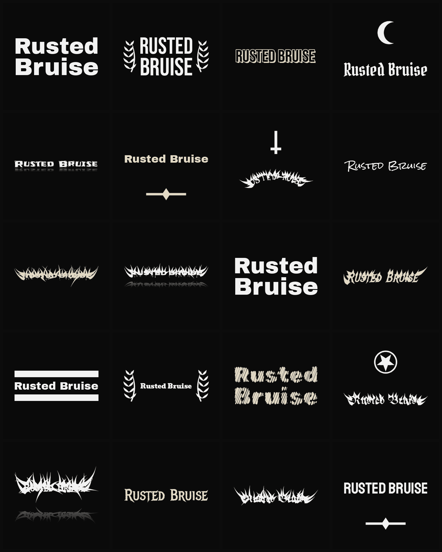 Twenty Rusted Bruise band logo ideas — different faces, treatments and spike settings