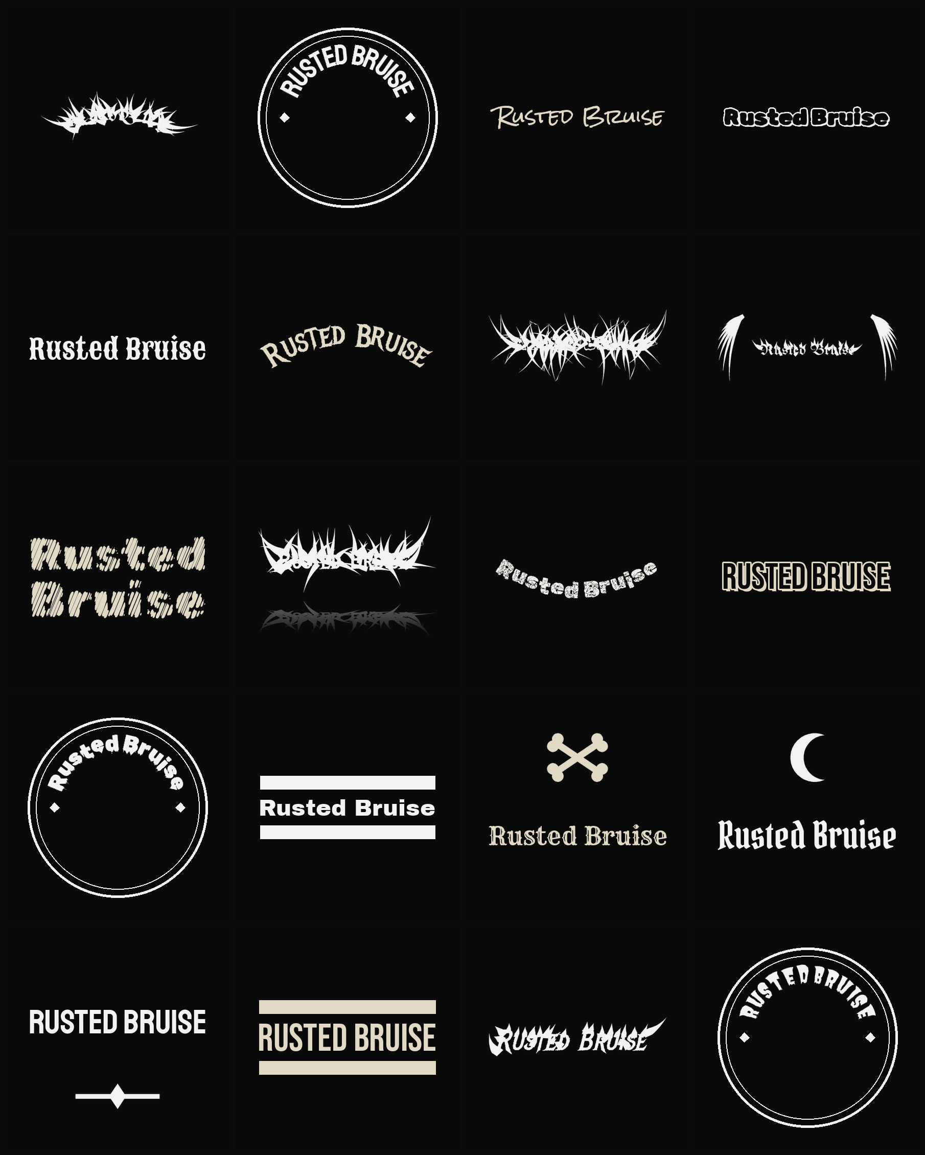 Twenty Rusted Bruise band logo ideas — different faces, treatments and spike settings