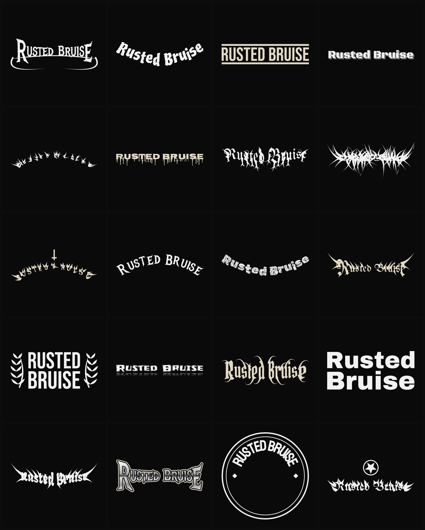 Twenty Rusted Bruise band logo ideas — different faces, treatments and spike settings
